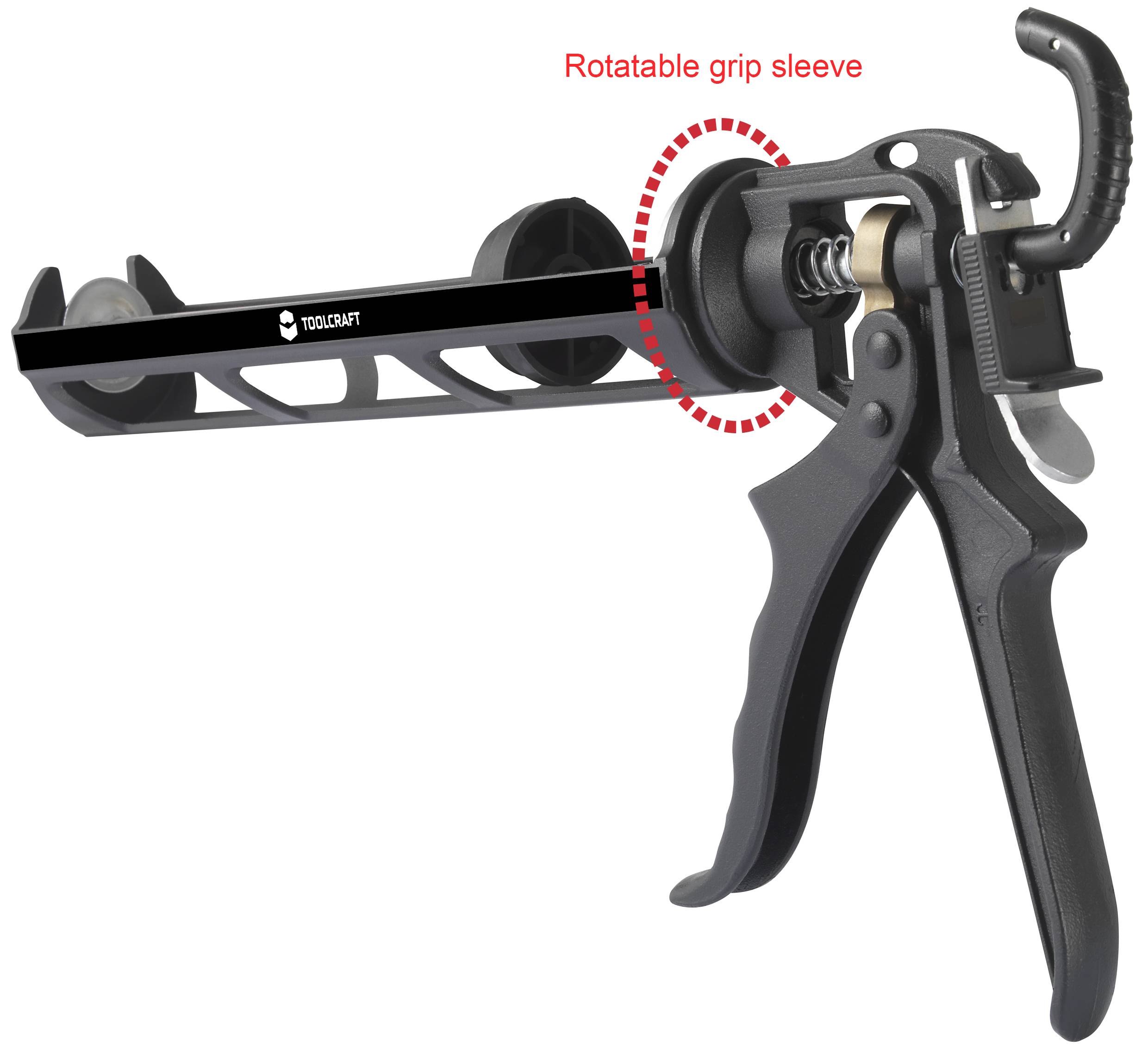 Kartuschenpistole mit drehbarem Griff, markiert durch einen roten Kreis. Hauptteil: Hebelgriff, Auslöser und Halterung für Kartusche.