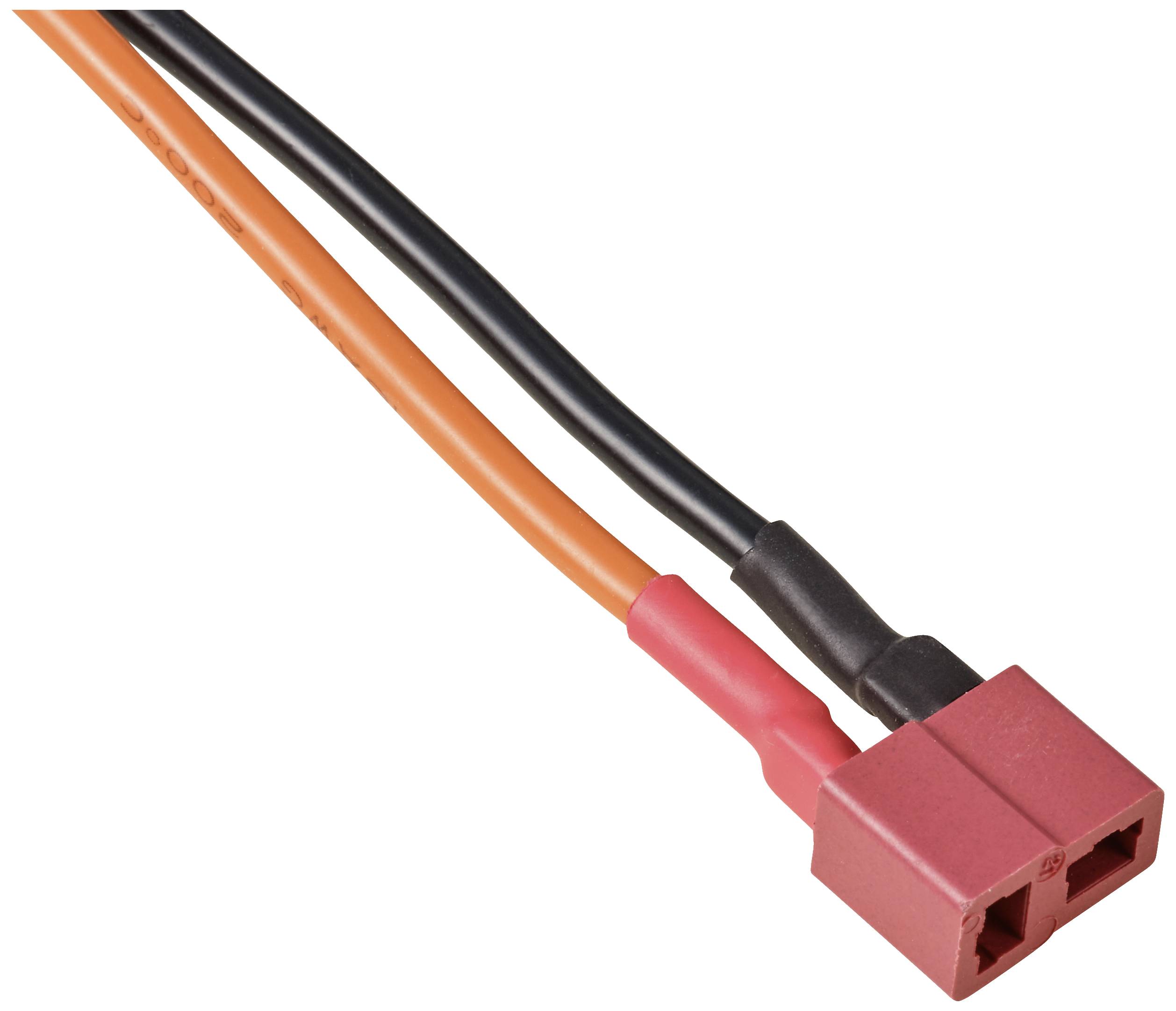 Zwei Kabel, eins orange und eins schwarz, verbunden mit einem roten Kunststoffstecker.