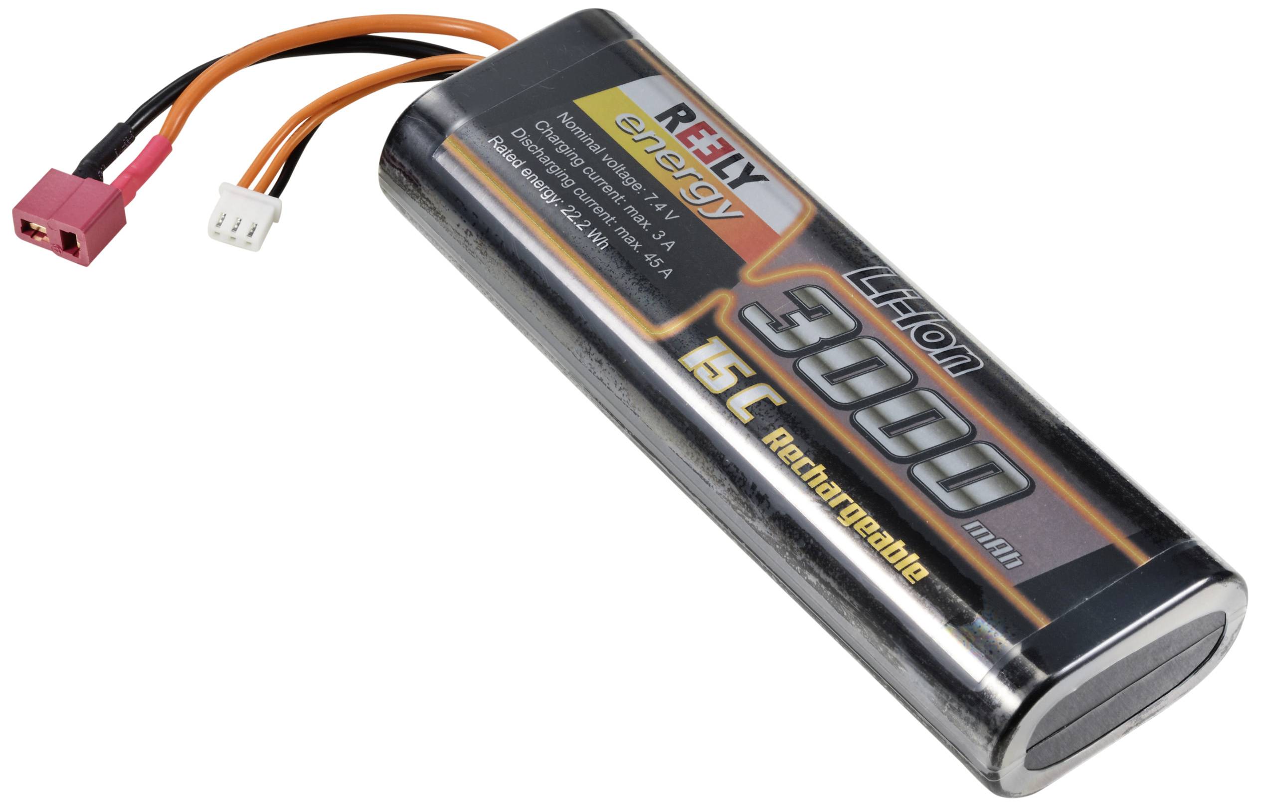Lithium-Ionen-Akku mit der Aufschrift 'Reely Energy', 3000 mAh, 15C, wiederaufladbar. Zwei Anschlüsse, schwarz-orange Kabel.