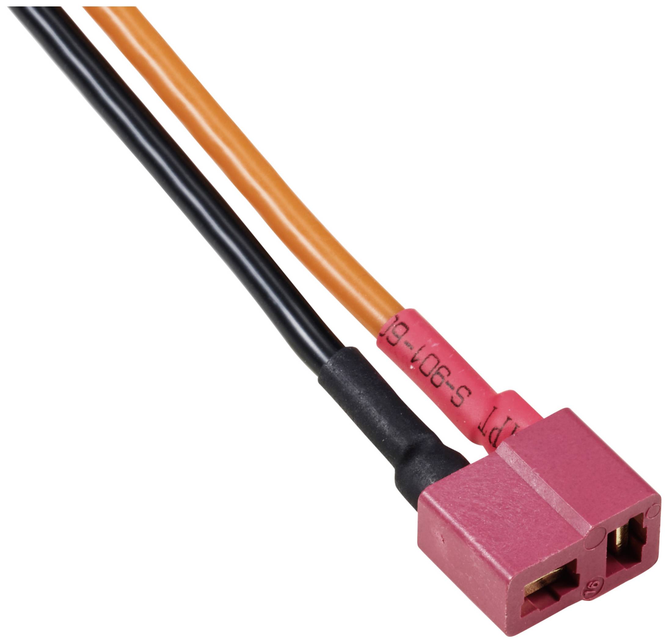 Nahaufnahme zweier Kabel, eines schwarz und eines orange, mit einem roten Stecker.