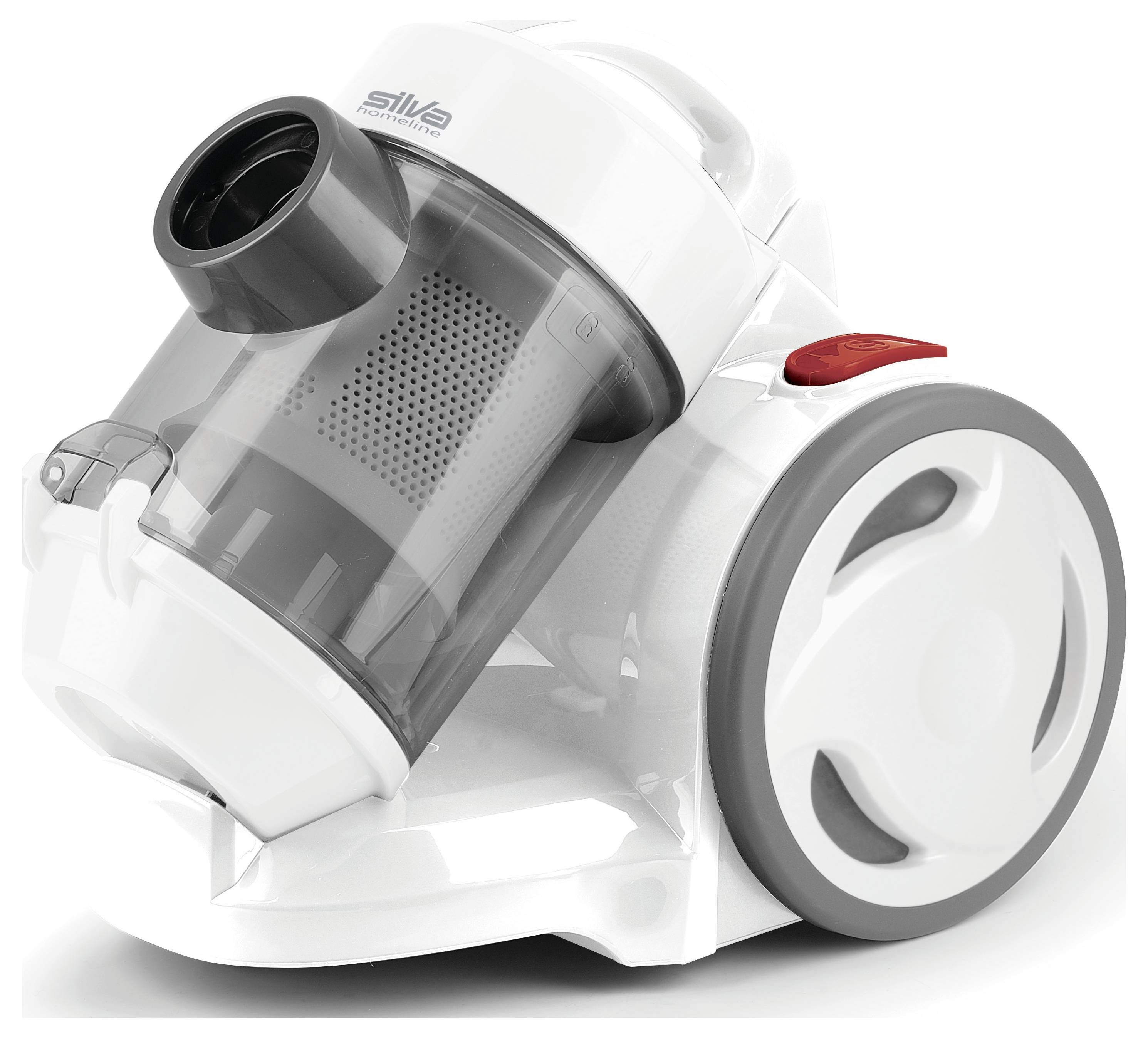 Ein weißer, runder Staubsauger mit transparentem Behälter und roten Knopf auf einer glatten Oberfläche.