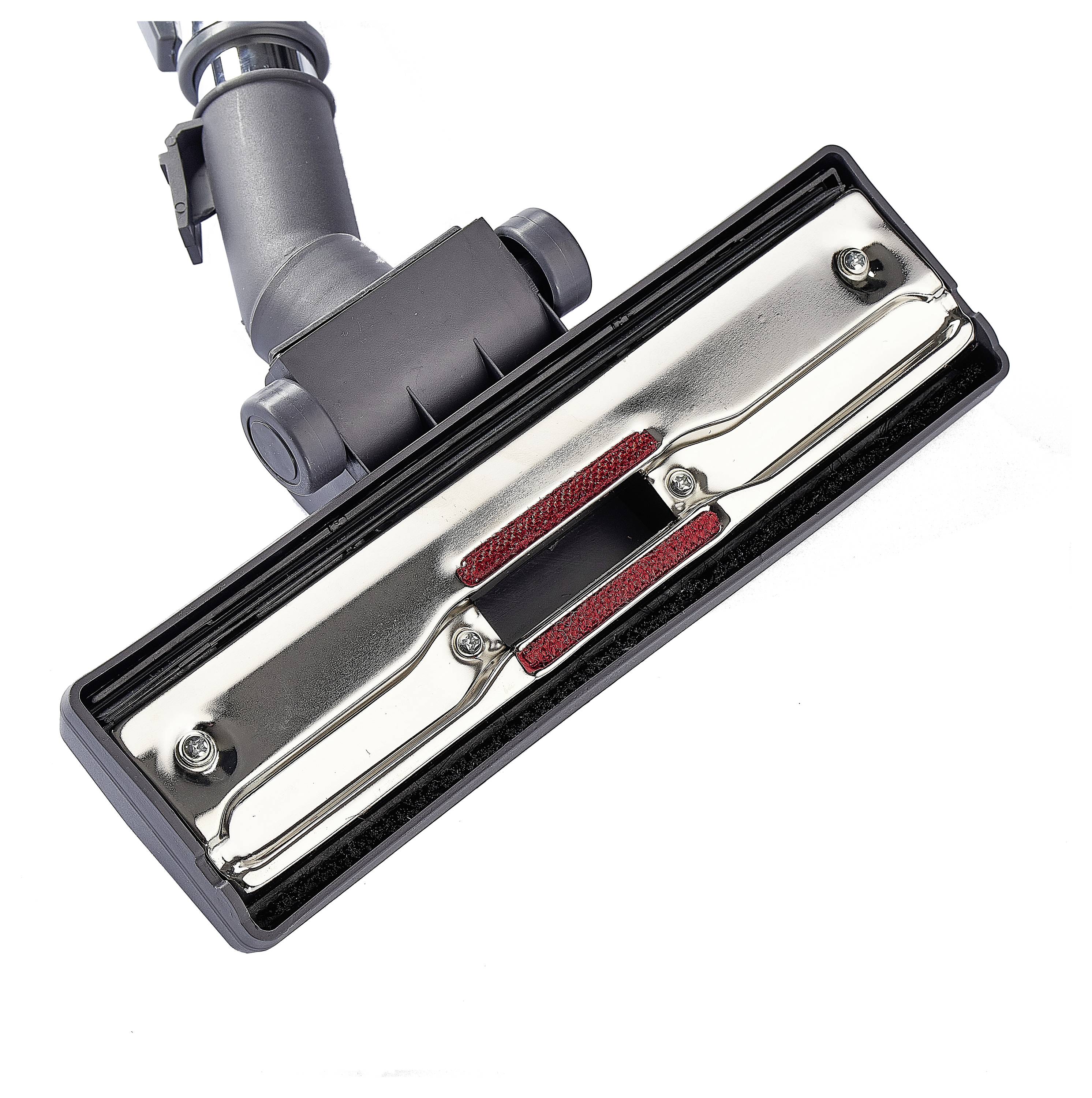 Unterseite einer Staubsaugerdüse mit roten Bürsteneinsätzen und Metallplatte, zeigt Details der Konstruktion und Funktion.