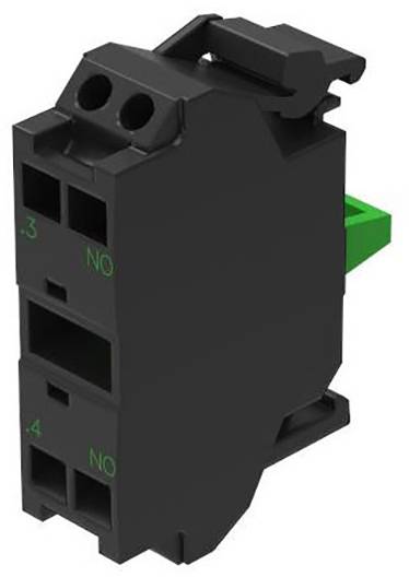 Schwarzer elektrischer Schalterblock mit einem grünen Hebel an der Seite. Zwei Öffnungen an der Vorderseite, Beschriftungen '.3' und '.4'.