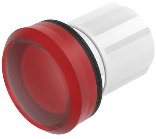 Ein roter runder Druckknopf aus Kunststoff, montiert auf einer zylindrischen Basishalterung. Geeignet für industrielle Anwendungen.