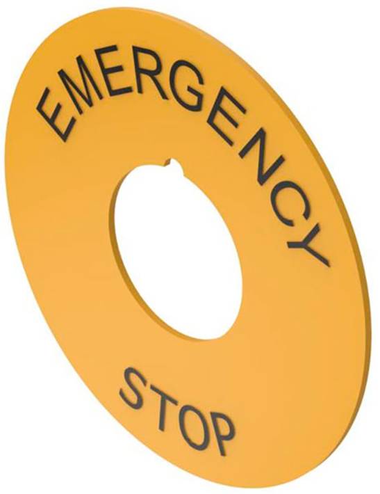 Orangefarbener Ring mit der Aufschrift 'EMERGENCY STOP', Hinweis auf Notabschaltung in Maschinen oder technischen Anlagen.