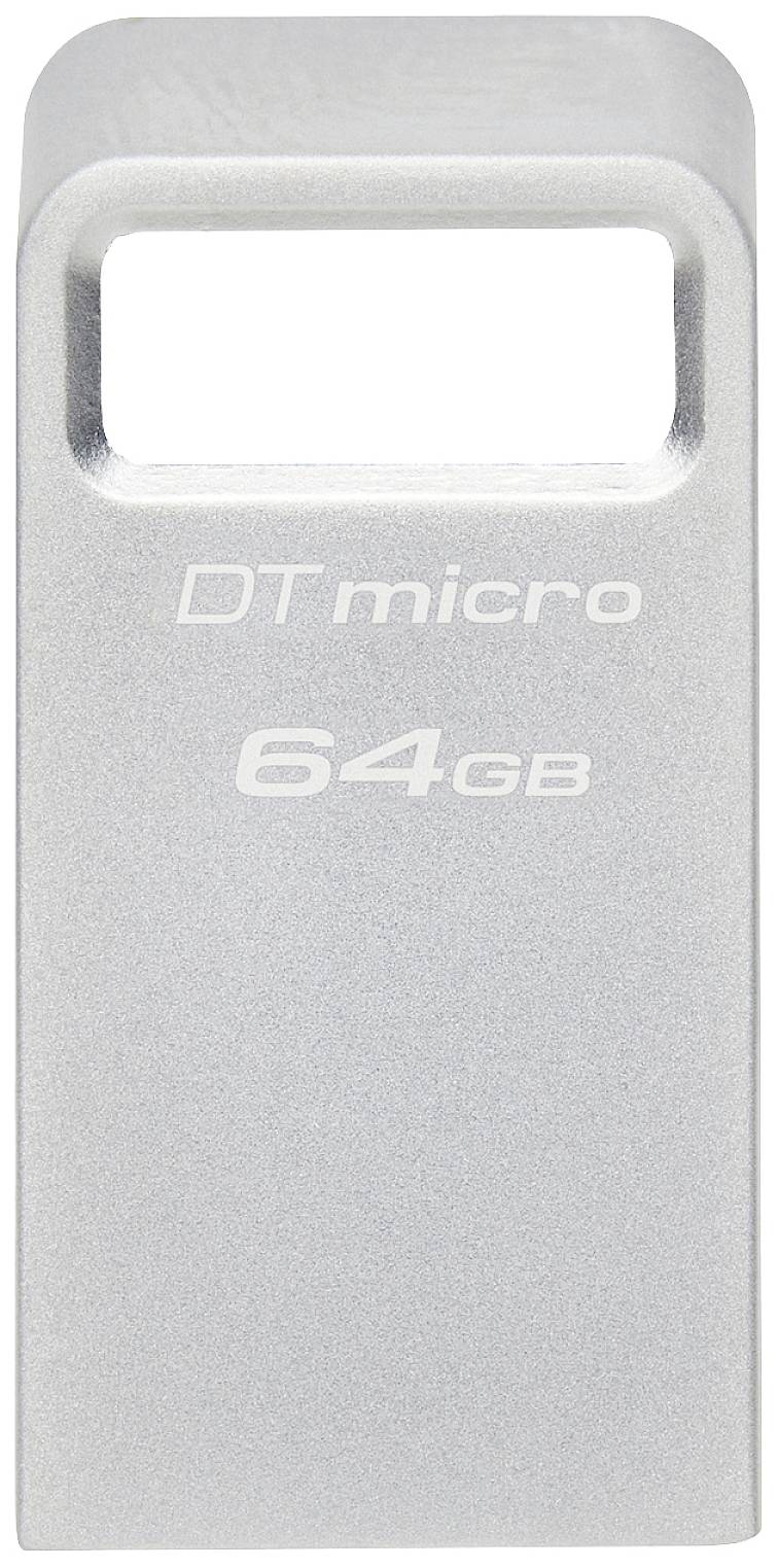 USB-Stick in Silber mit der Aufschrift 'DT micro 64GB', steht vertikal.