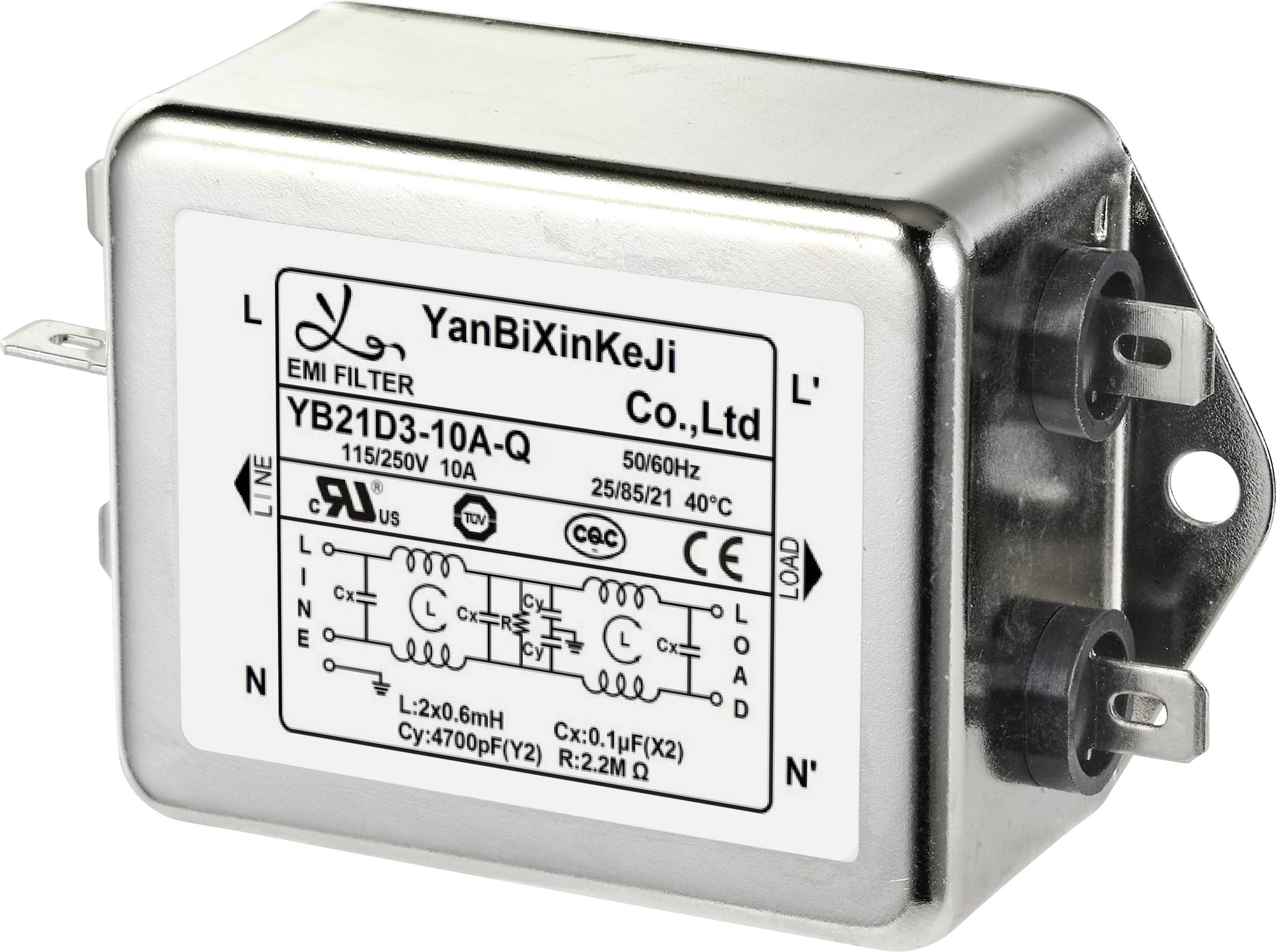 EMI-Filter YB21D3-10A-Q, 115/250V, 10A, 50/60Hz. Schaltplan und elektrische Spezifikationen auf dem Etikett. Metallgehäuse mit Anschlüssen.