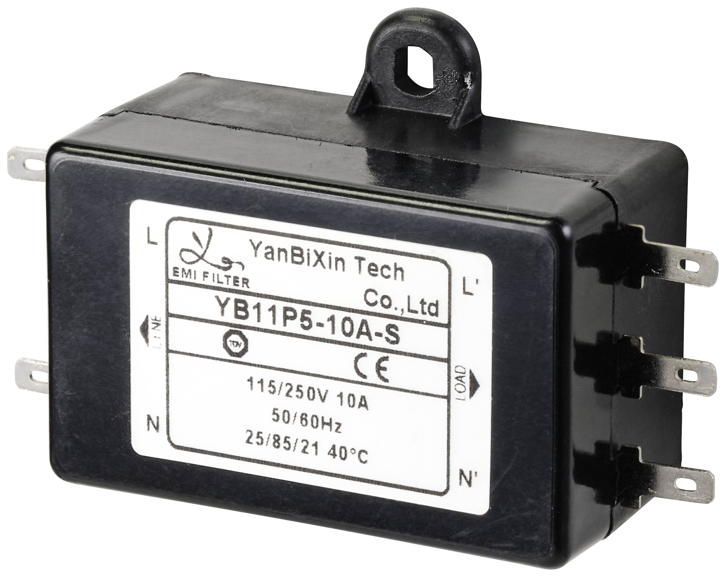 Schwarzer EMI-Filter mit sechs Anschlüssen, Label 'YanBiXin Tech Co., Ltd', Modell 'YB11P5-10A-S', technische Spezifikationen aufgedruckt.