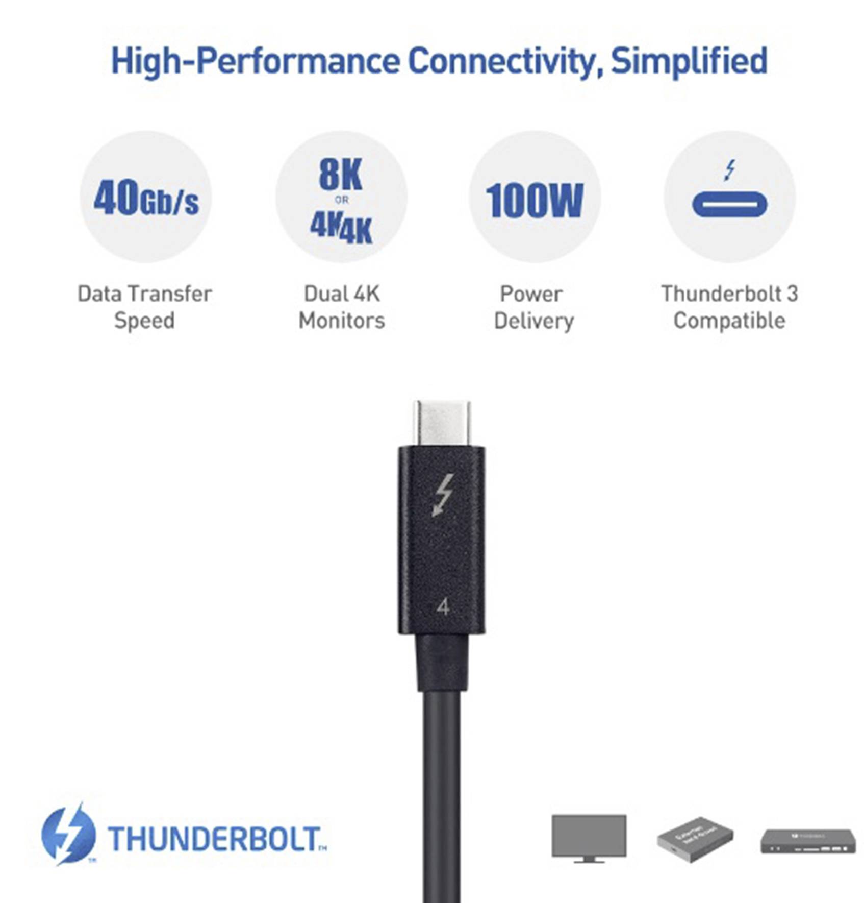 Thunderbolt 4 Kabel mit 40Gb/s Datenübertragung, unterstützt 8K Dual-Monitore, 100W Stromversorgung, kompatibel mit Thunderbolt 3.
