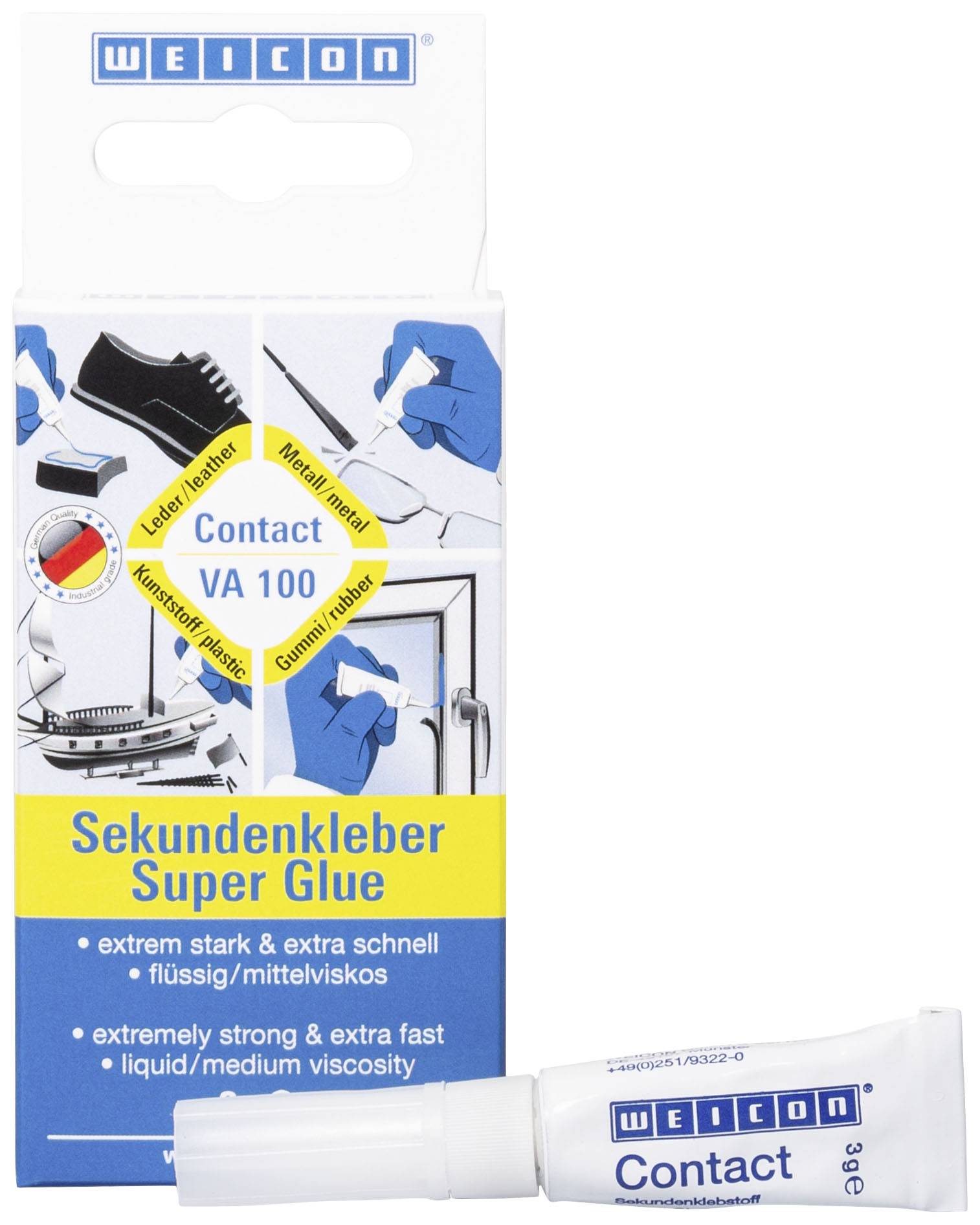 Verpackung einer Tube Sekundenkleber 'Weicon Super Glue'. Beschriftung: 'extrem stark & extra schnell, flüssig/mittelviskos'.