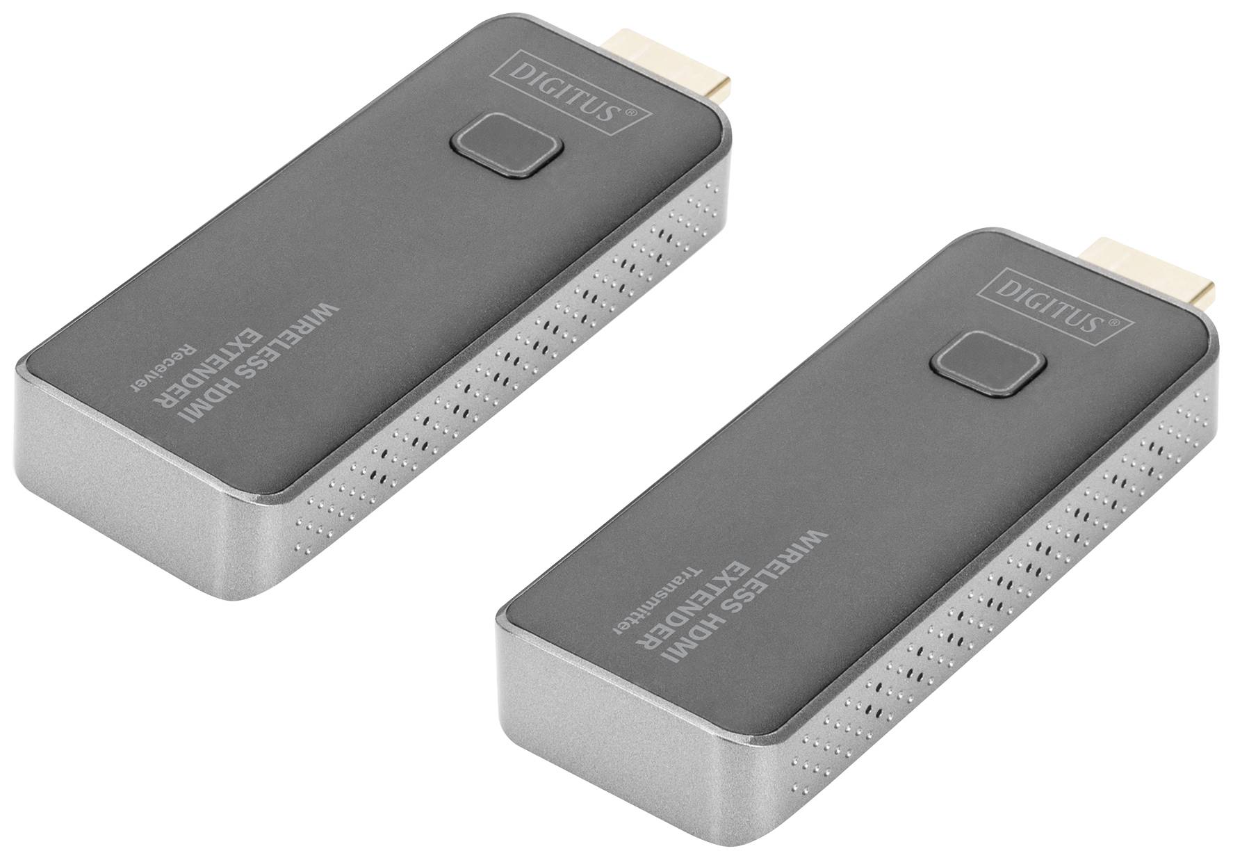 Zwei kabellose HDMI-Extender-Geräte von DIGITUS, mit kompaktem Design und HDMI-Anschluss, zur drahtlosen Videoübertragung.