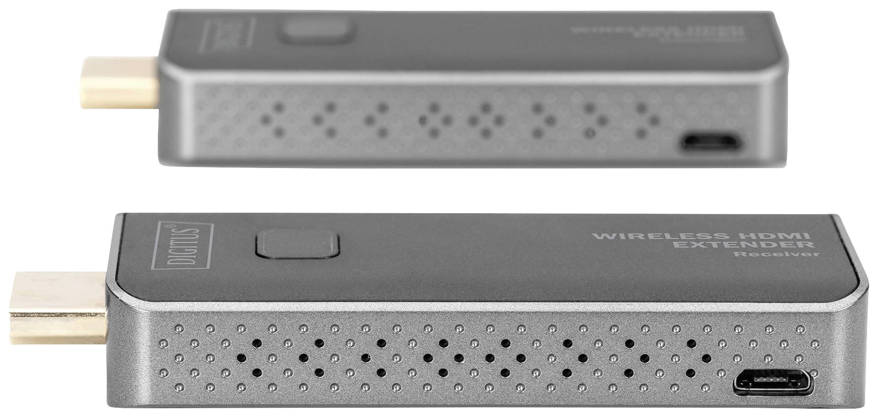 Ein kabelloser HDMI-Extender mit zwei Geräten in grauer Farbe. Eins hat einen USB-Anschluss, beide haben HDMI-Stecker.