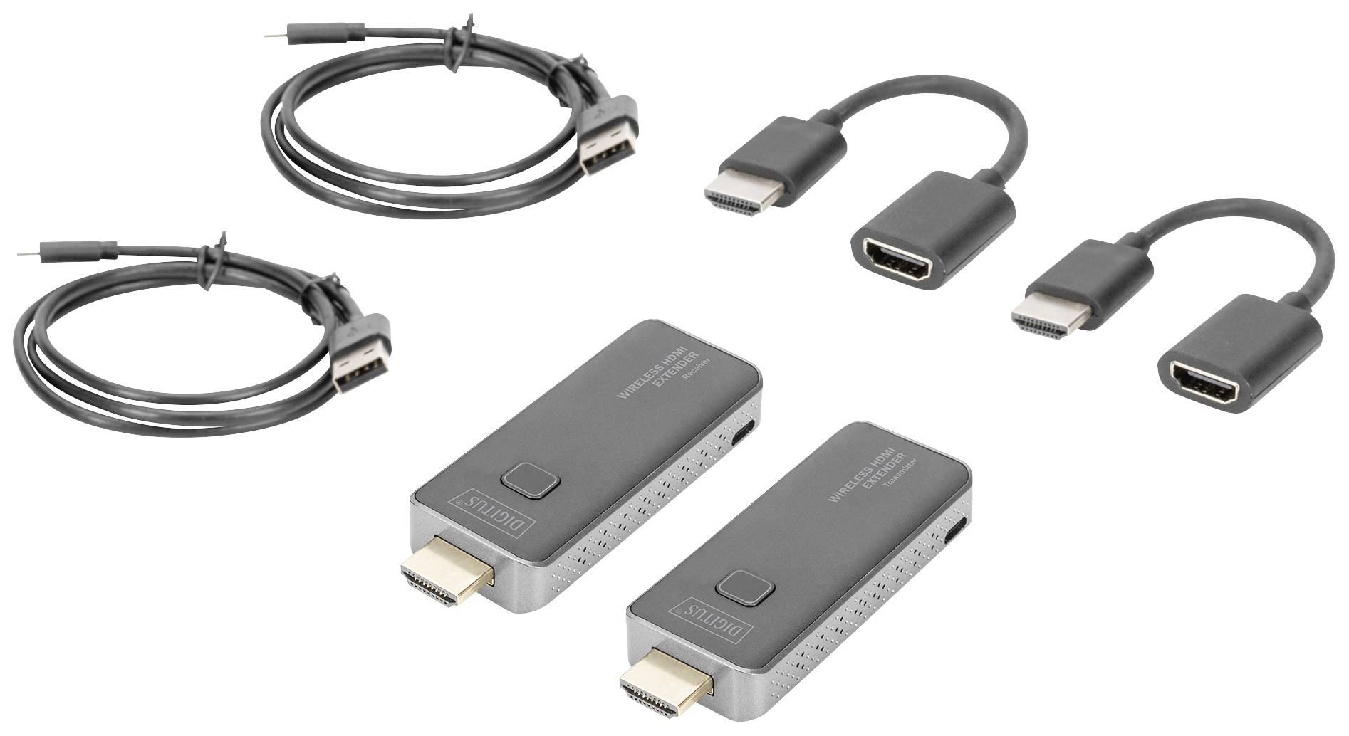 Zwei HDMI-Signalverstärker, zwei kurze Adapterkabel und zwei längere HDMI-Kabel auf weißem Hintergrund, zur Signalübertragung.