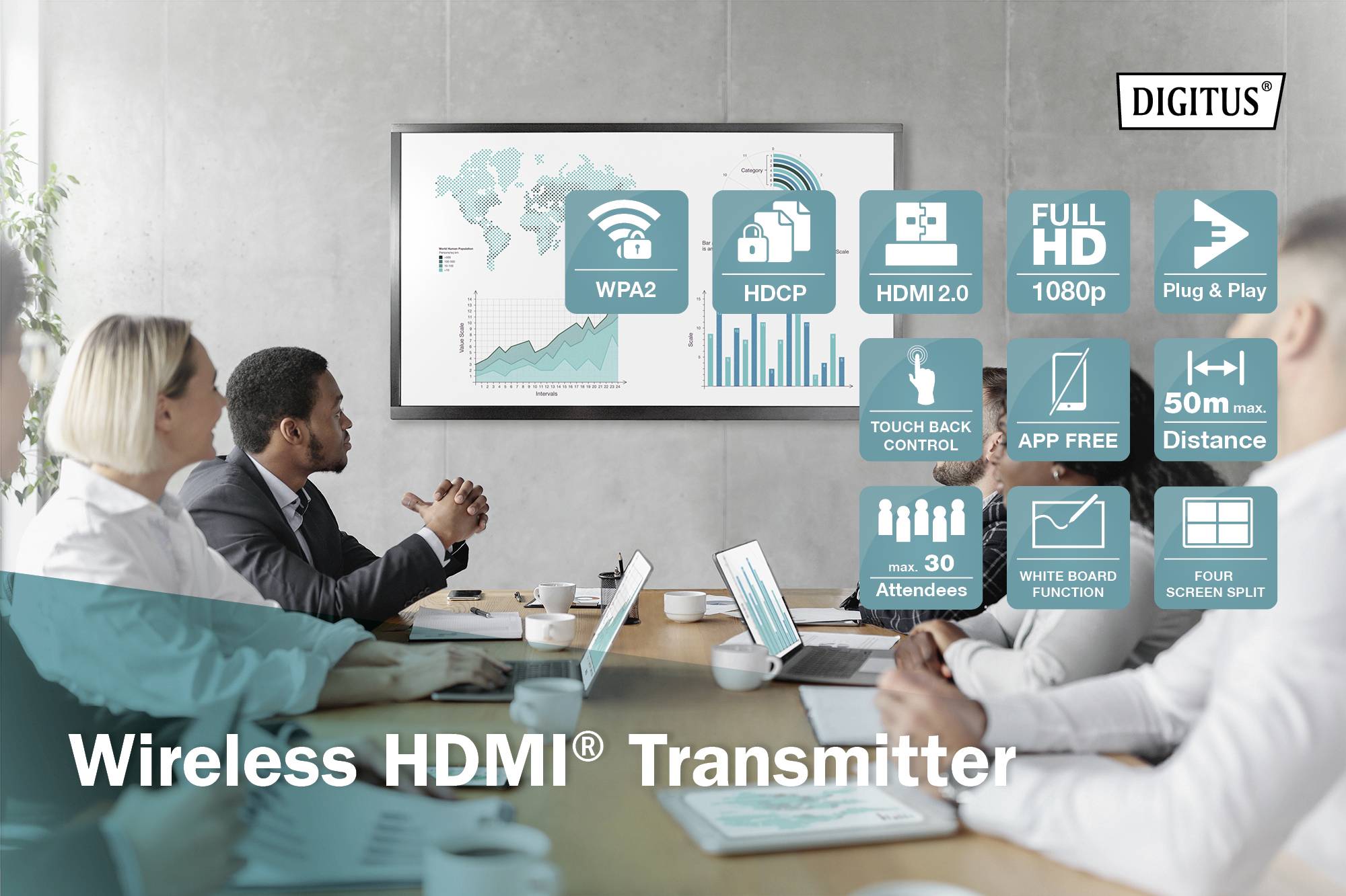 Besprechung in einem Konferenzraum. Personen schauen auf einen Bildschirm mit Infografiken zu einem kabellosen HDMI-Transmitter.