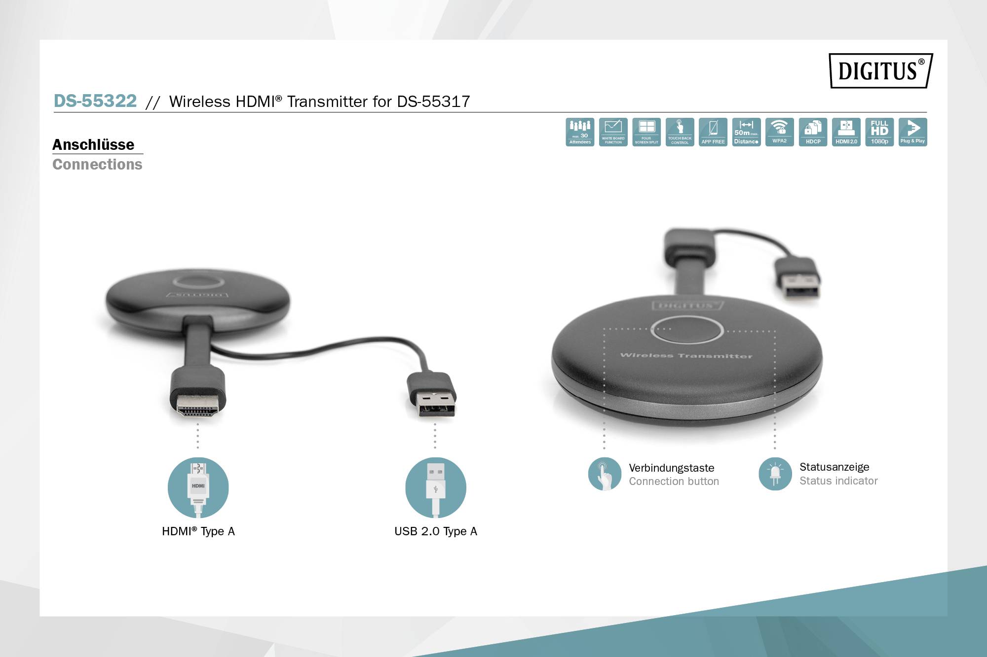'DIGITUS' Wireless HDMI Transmitter, Modell DS-55322, mit HDMI und USB-Anschluss. Symbole: Verbindungsstatus und -taste.