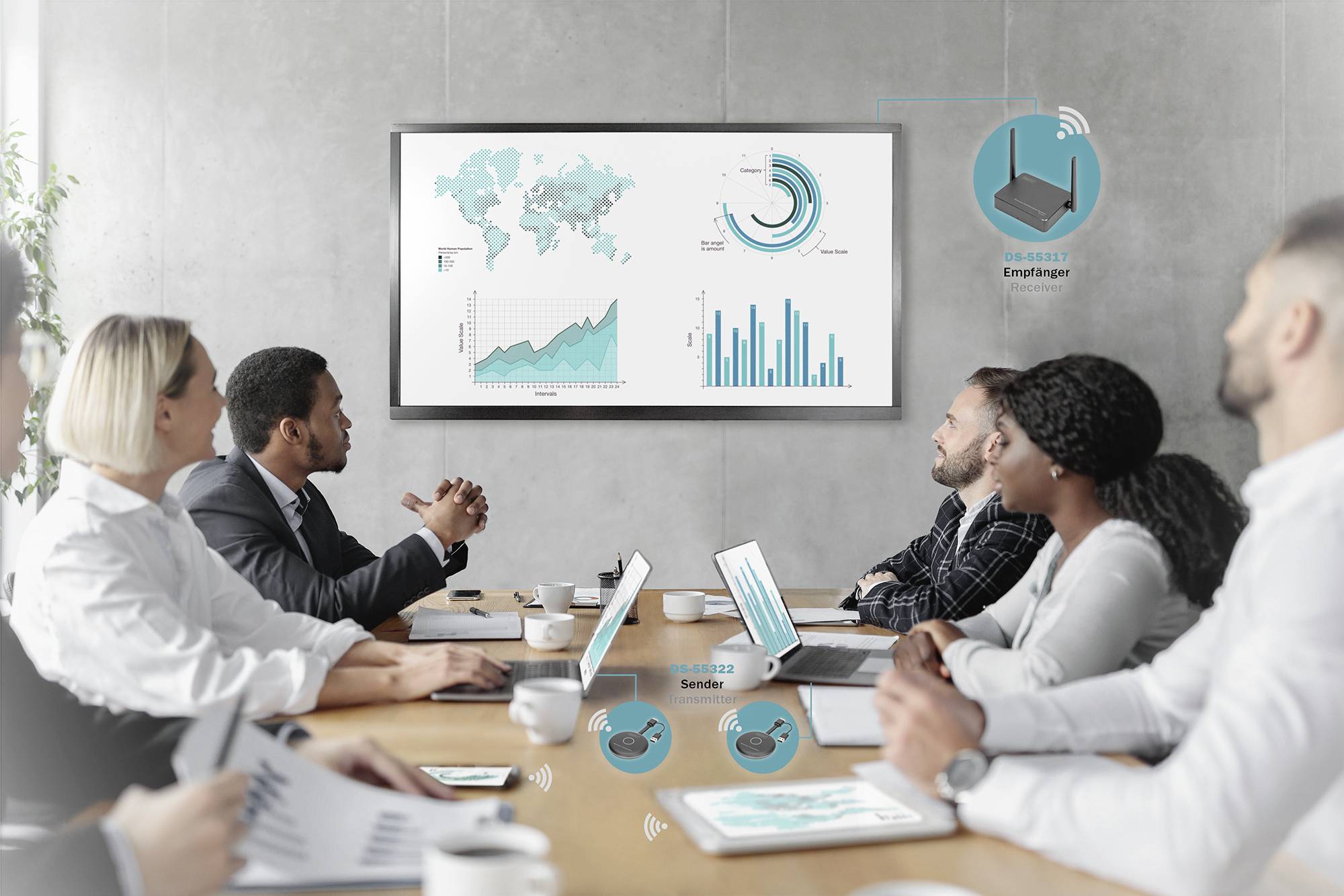 Personengruppe in einem Konferenzraum betrachtet einen Bildschirm mit Diagrammen und Grafiken, die globale Daten und Trends zeigen.