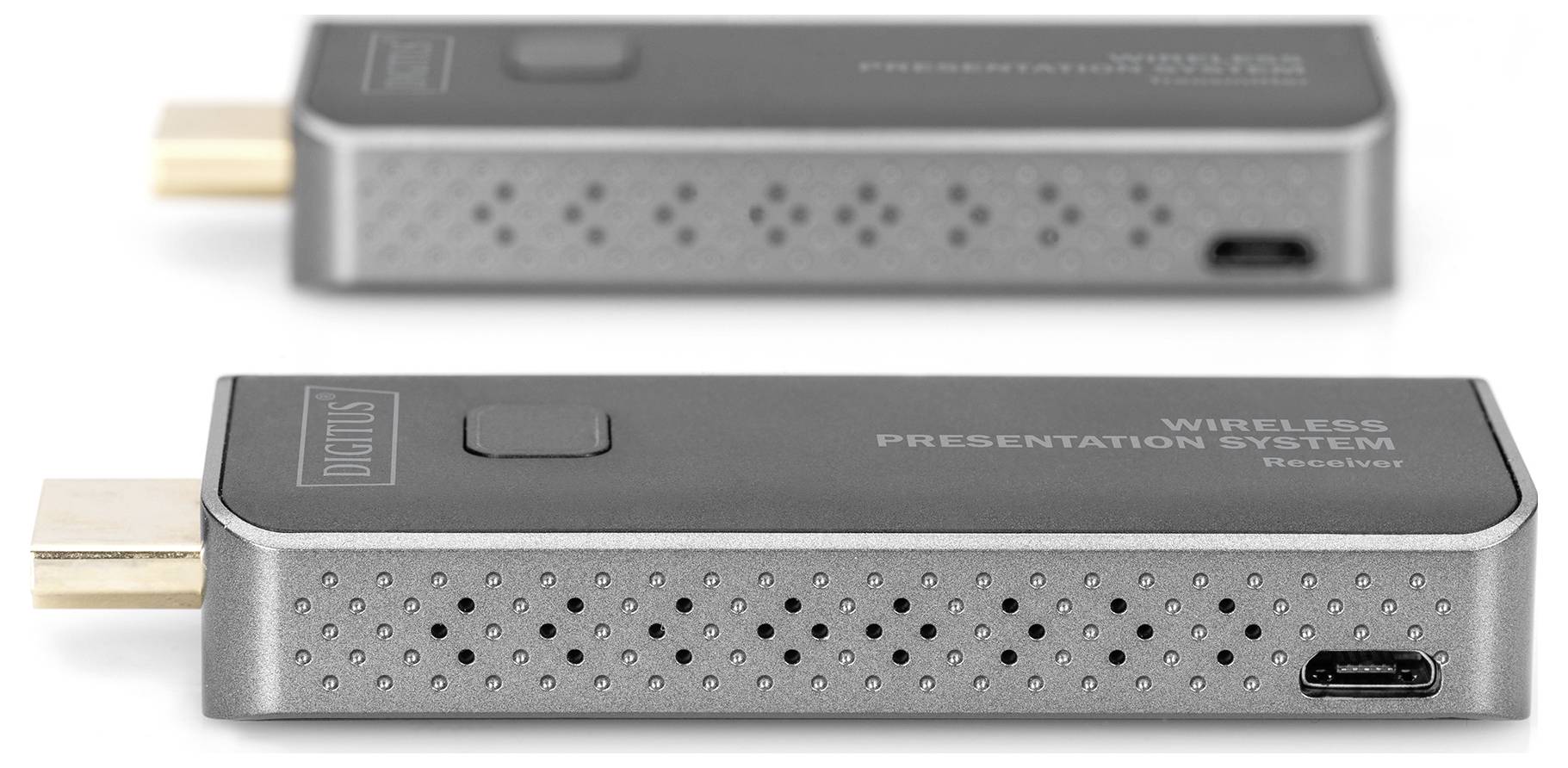 Zwei schwarze drahtlose Präsentationssystem-Empfänger mit HDMI-Anschlüssen, geeignet für Präsentationen oder Medienübertragungen.