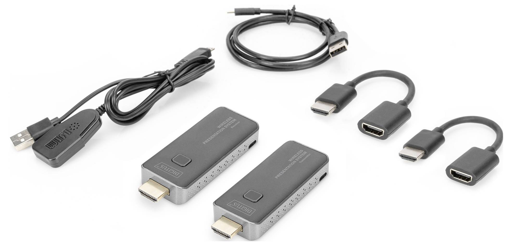 Ein drahtloses HDMI-Übertragungsset mit zwei HDMI-Sendern, einem USB-Kabel, drei kurzen HDMI-Adaptern und einem Audiokabel.