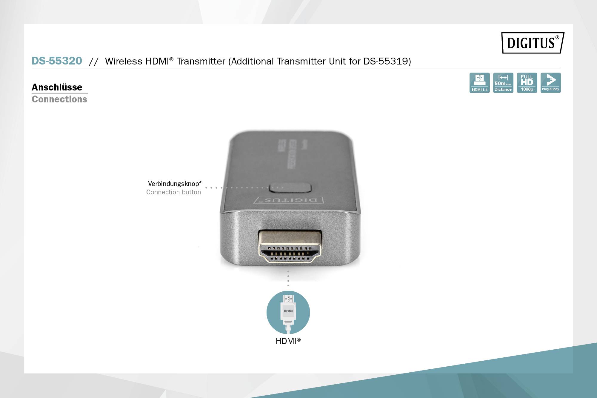 Drahtloser HDMI-Transmitter DS-55320 für DS-55319, zeigt HDMI-Anschlussansicht. Hervorgehobener Verbindungs-Button an Seite.