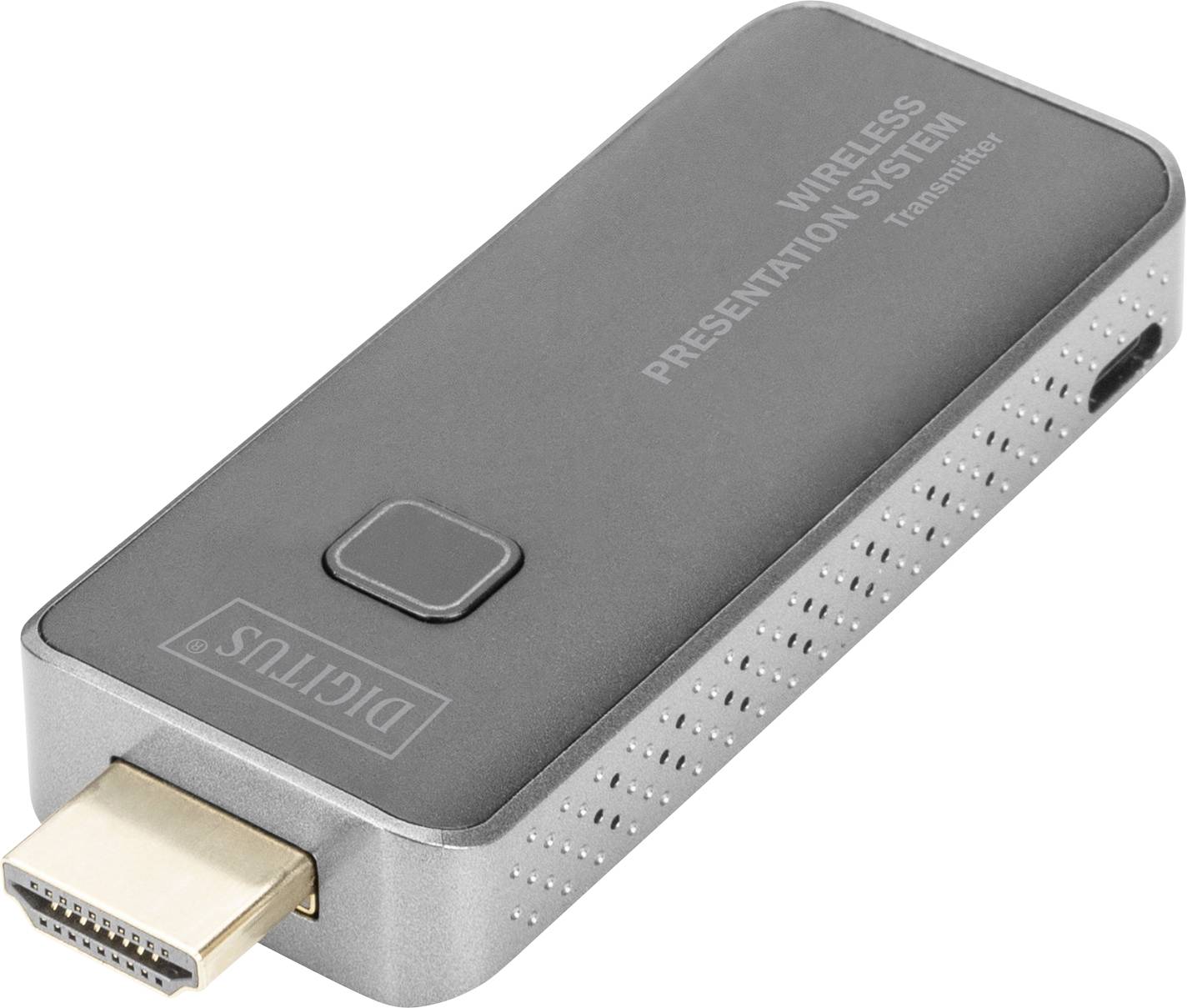 Ein schwarzer drahtloser Präsentationssystem-Sender mit HDMI-Anschluss, rechteckig und kompakt, dient zur Übertragung von Videosignalen.