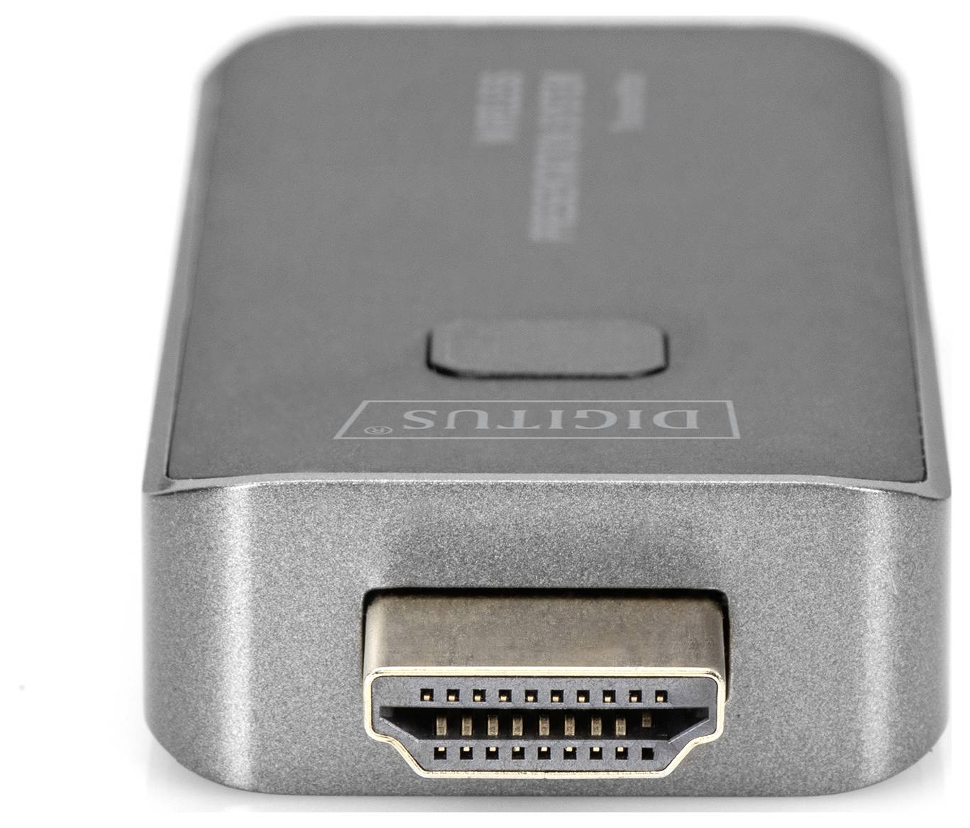 Ein silberner HDMI-Adapter mit rechteckiger Form und klarer HDMI-Schnittstelle an der Vorderseite.