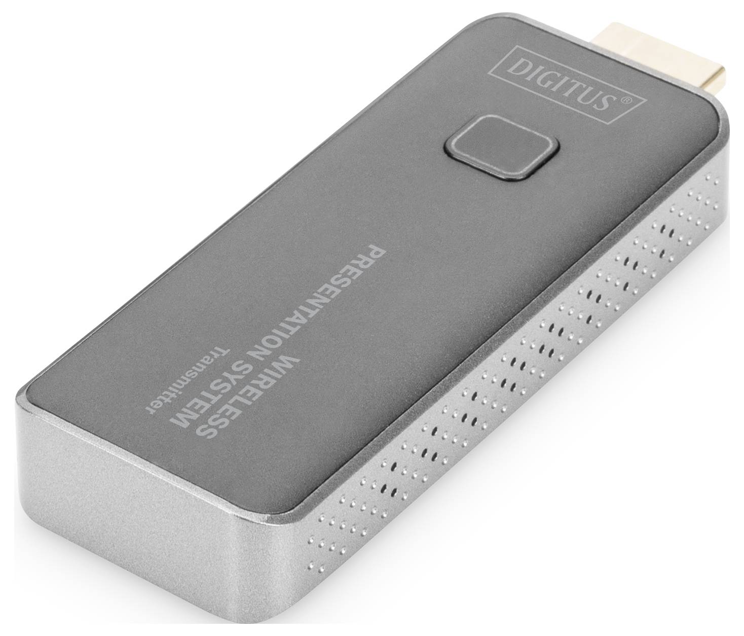 Ein kleiner, rechteckiger Wireless-Präsentationsadapter mit HDMI-Anschluss auf der Oberseite. Auf der Fläche steht 'Presentation Wireless System'.