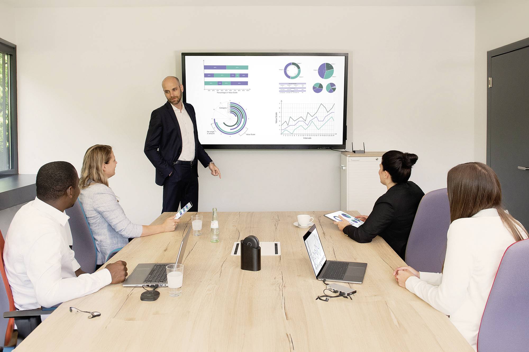 Ein Mann hält in einem Konferenzraum eine Präsentation. Auf dem Bildschirm sind verschiedene Diagramme und Grafiken zu sehen. Vier Personen hören zu.