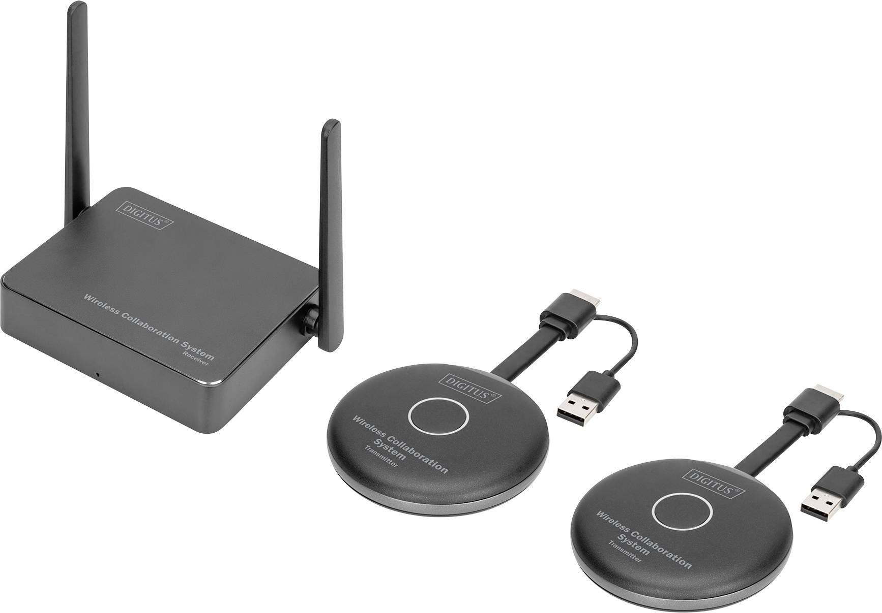 Kabelloses HDMI-Präsentationssystem mit zwei Empfängereinheiten, einem Sender, HDMI-Kabeln, USB-Stromkabeln und Tischhalterung.