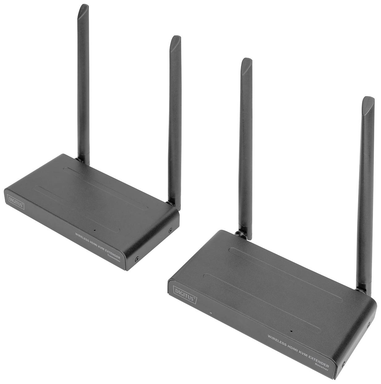 Zwei schwarze drahtlose Router mit jeweils zwei Antennen, auf weißem Hintergrund.