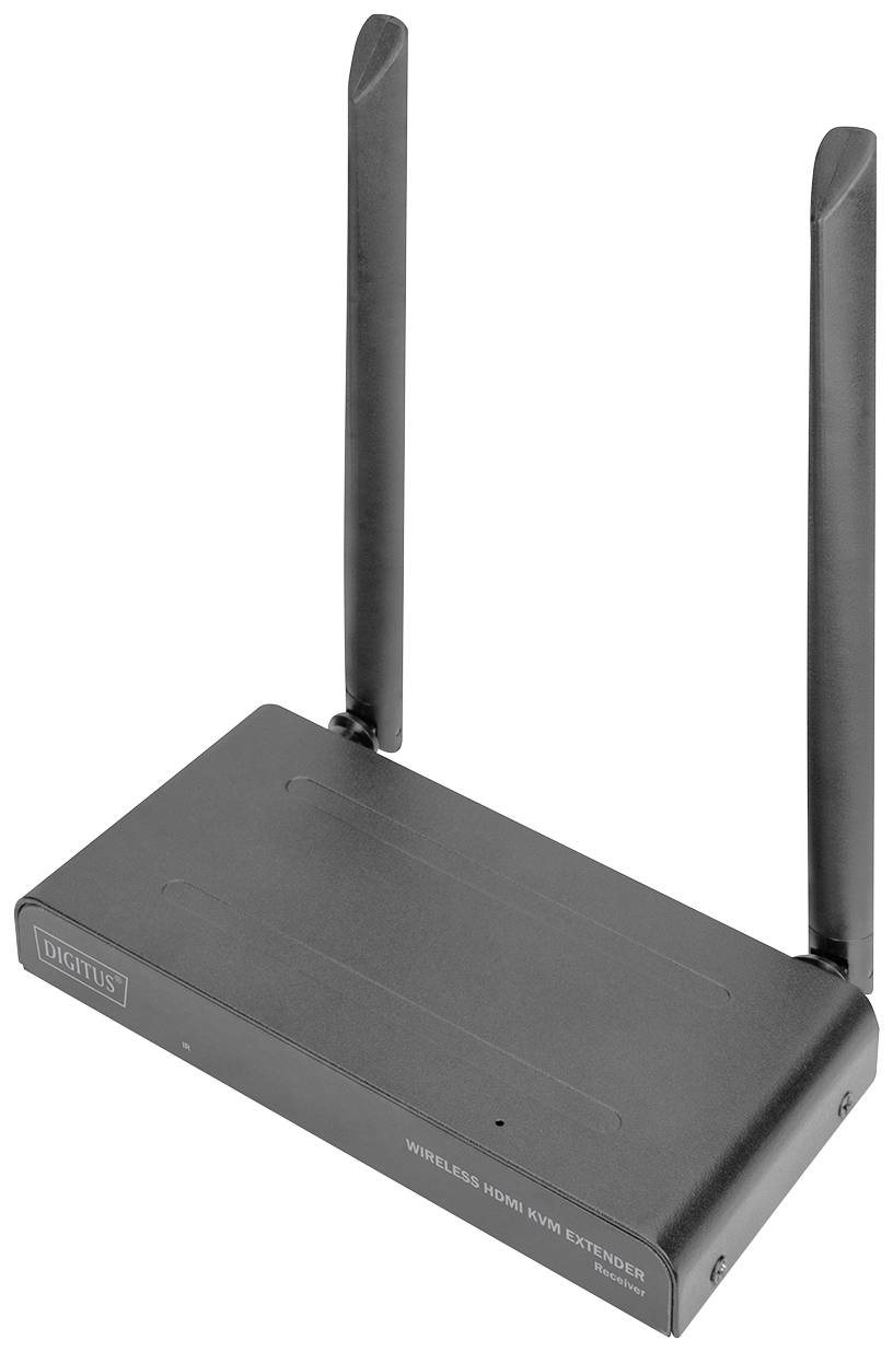 Ein schwarzer Wireless HDMI KVM Extender mit zwei Antennen. Gerät zum kabellosen Übertragen von HDMI-Signalen zwischen Geräten.