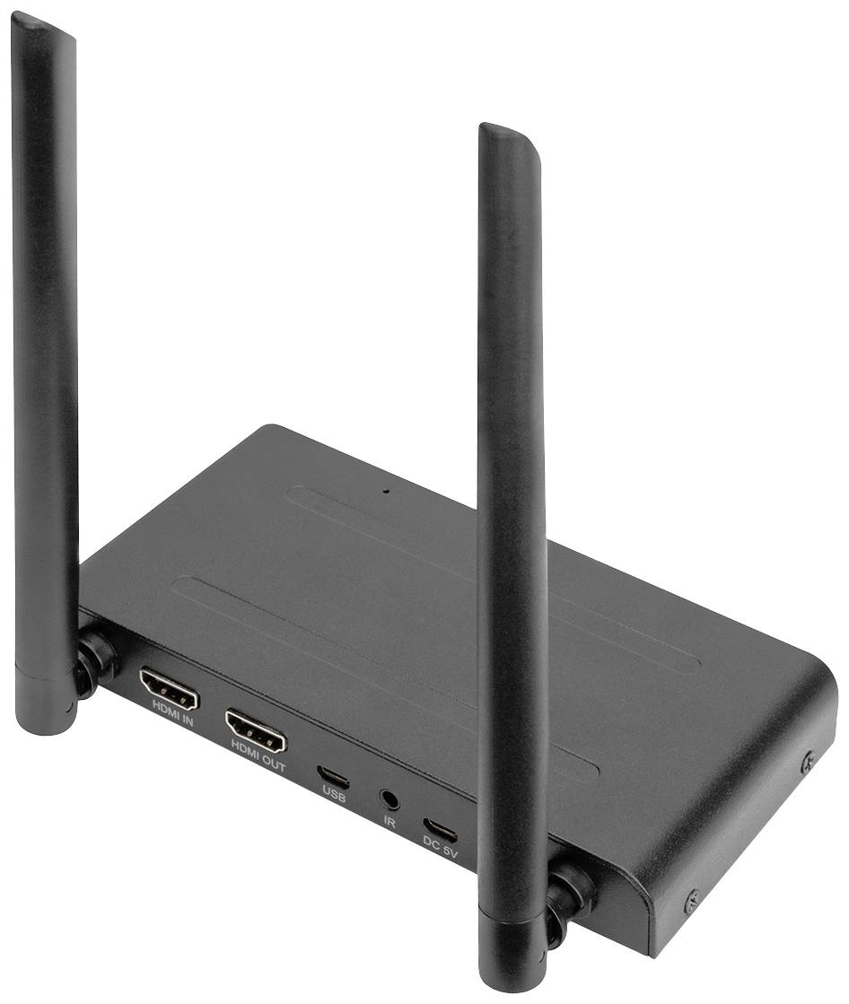 Ein schwarzes Gerät mit zwei Antennen, zwei HDMI-Anschlüssen, einem Netzanschluss und weiteren Ports, geeignet für digitale Übertragungen.