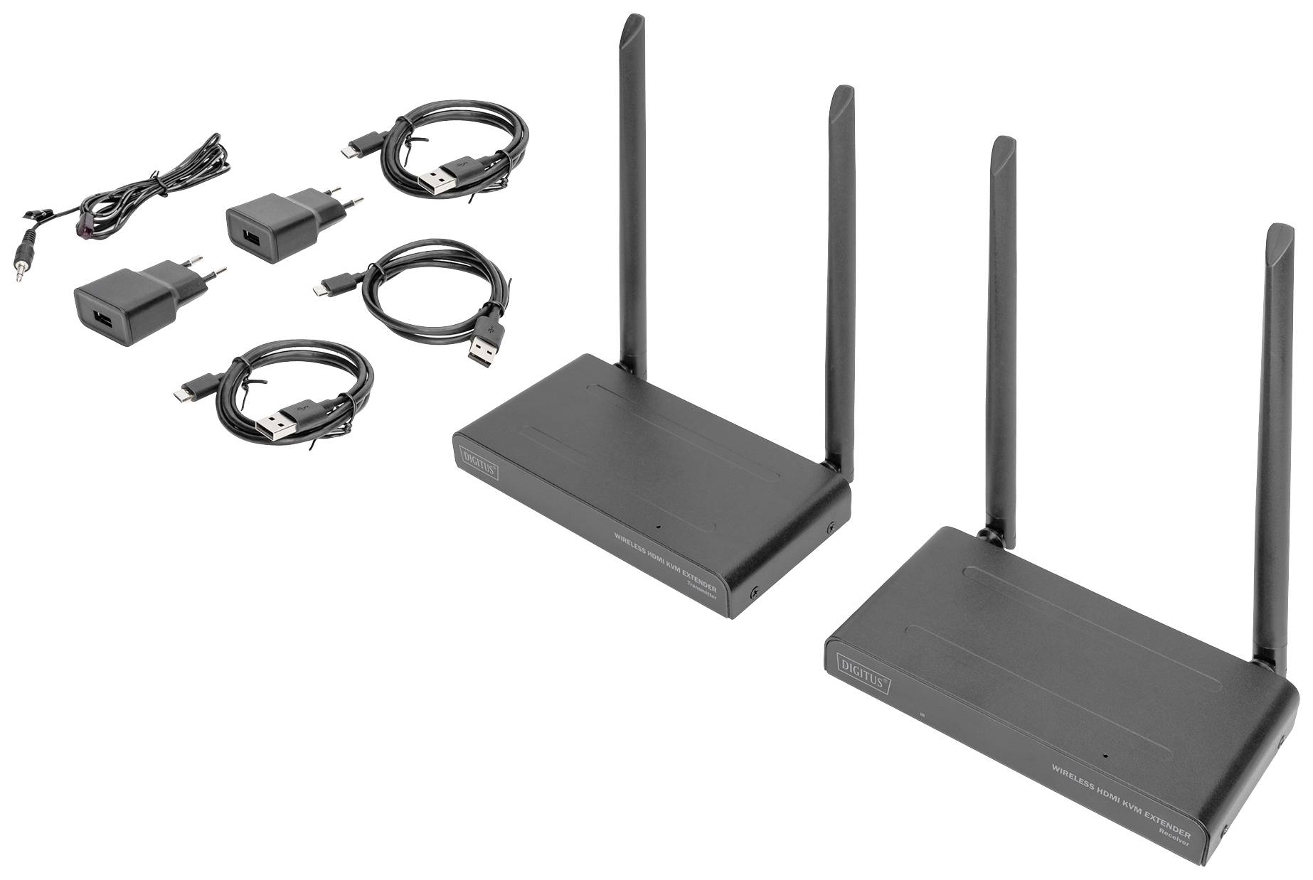Zwei schwarze WLAN-Router mit Antennen; daneben vier Kabel und Adapter. Ideal zur Erweiterung der Netzwerkreichweite.