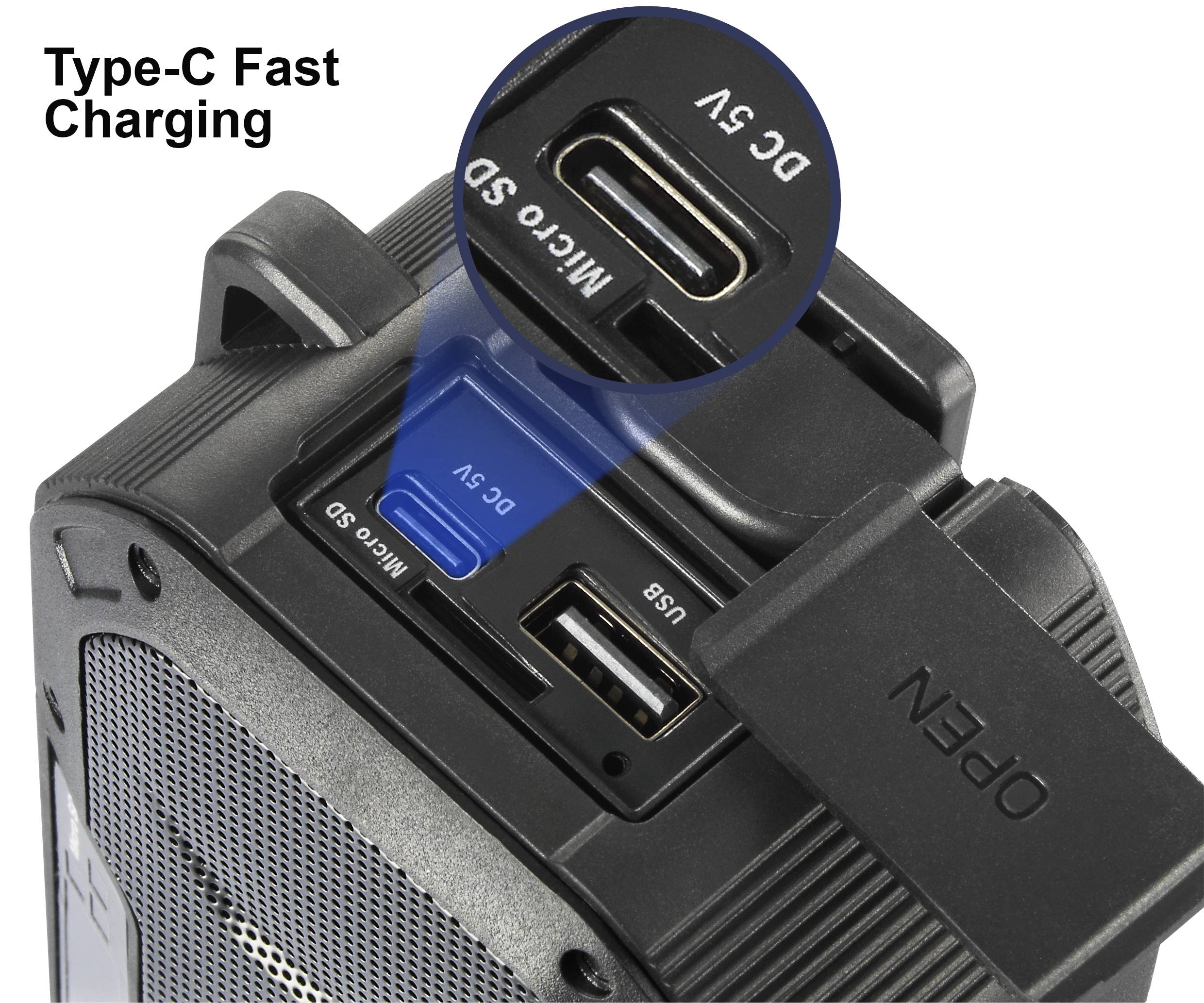 Gerät mit Type-C-Schnellladeanschluss, Micro-SD-Steckplatz und USB-Anschluss.