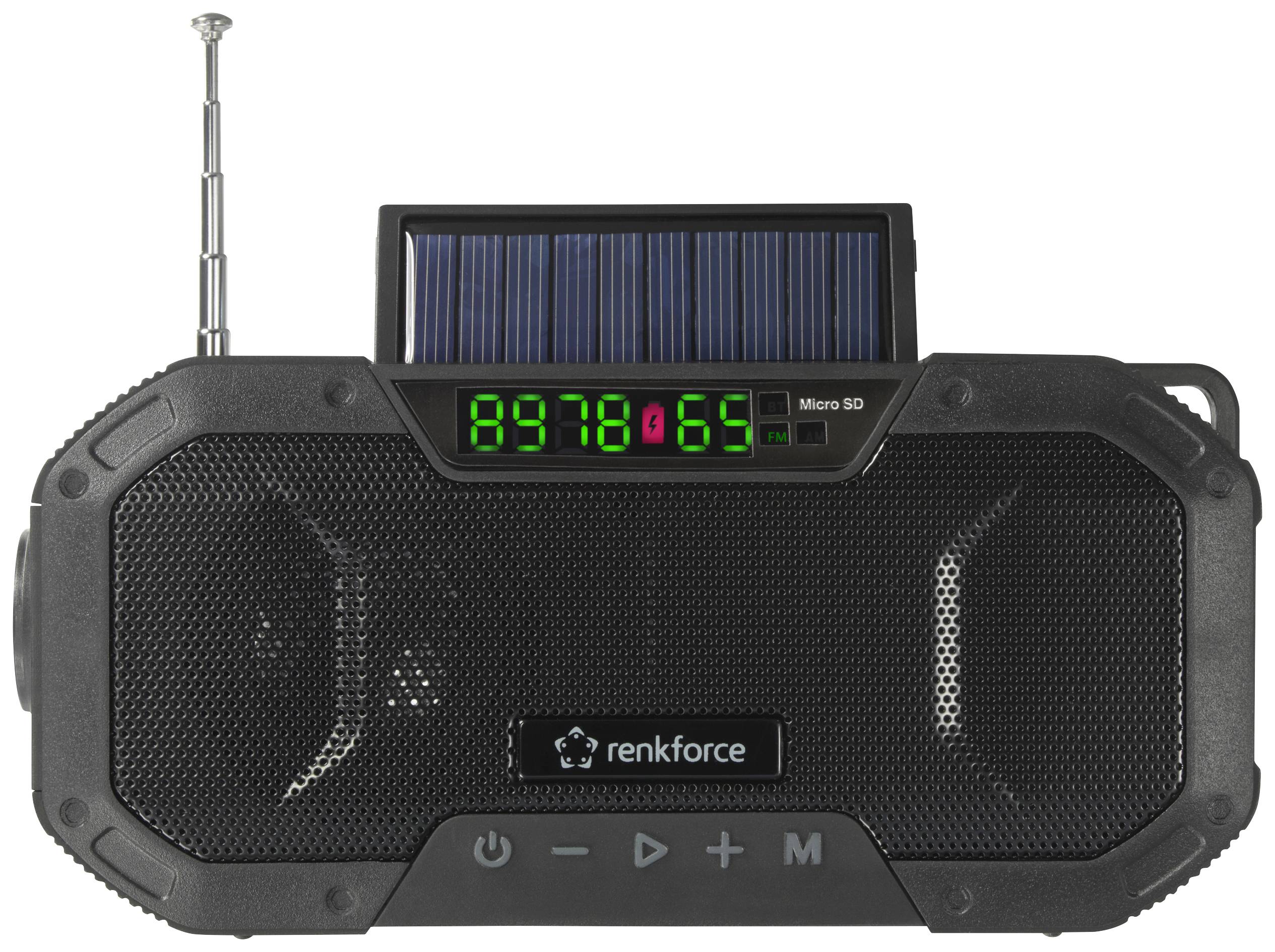 Tragbares Radio mit Lautsprecher, Solarpanel, ausziehbarer Antenne und digitalem Display. Zeigt Frequenz 8978, Batteriestand 65%.