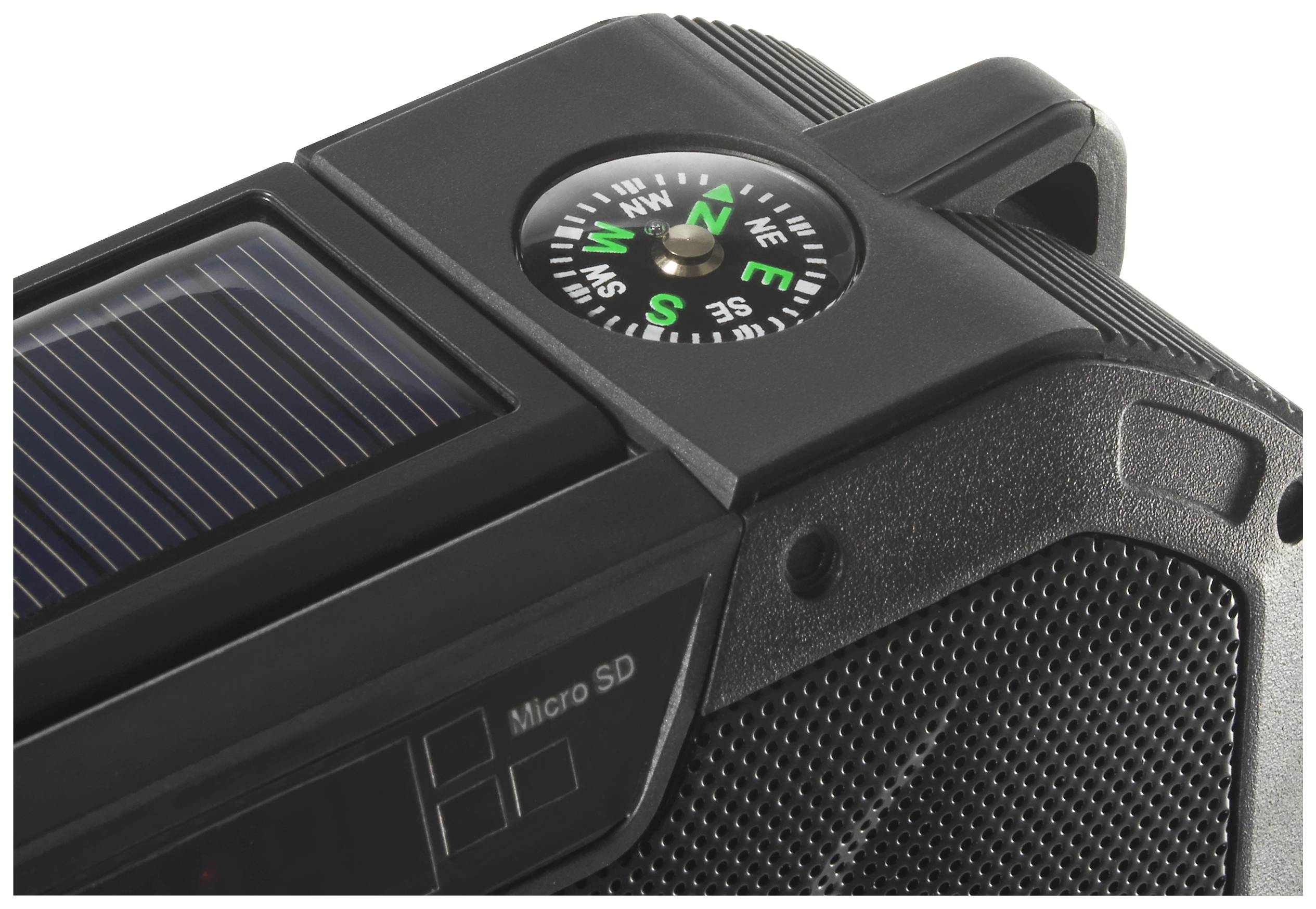Tragbares Gerät mit Solarpanel, Kompass und Micro-SD-Steckplatz, seitliche Ansicht. Ideal für Outdoor-Aktivitäten.