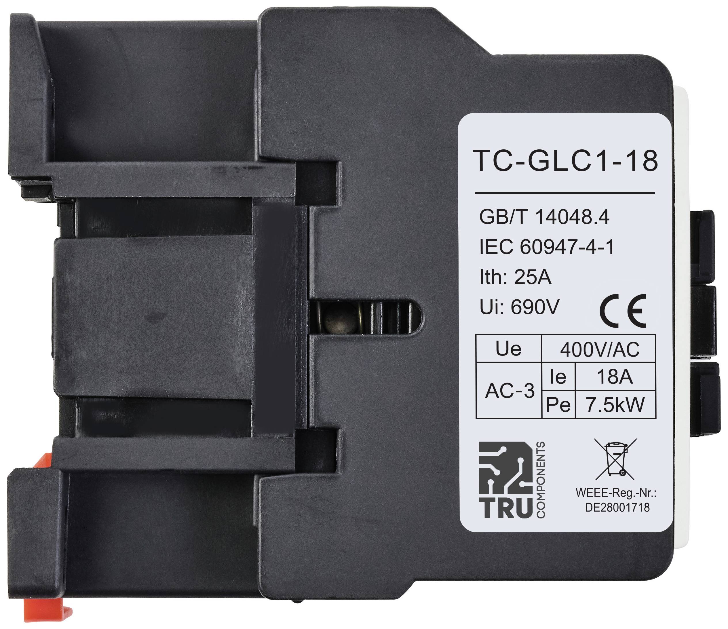 Schwarzer Schutzschalter mit Aufschrift 'TC-GLC1-18', Spezifikationen: 25A, 690V, 18A Max, 7,5kW, Normen GB/T 14048.4, IEC 60947-4-1.