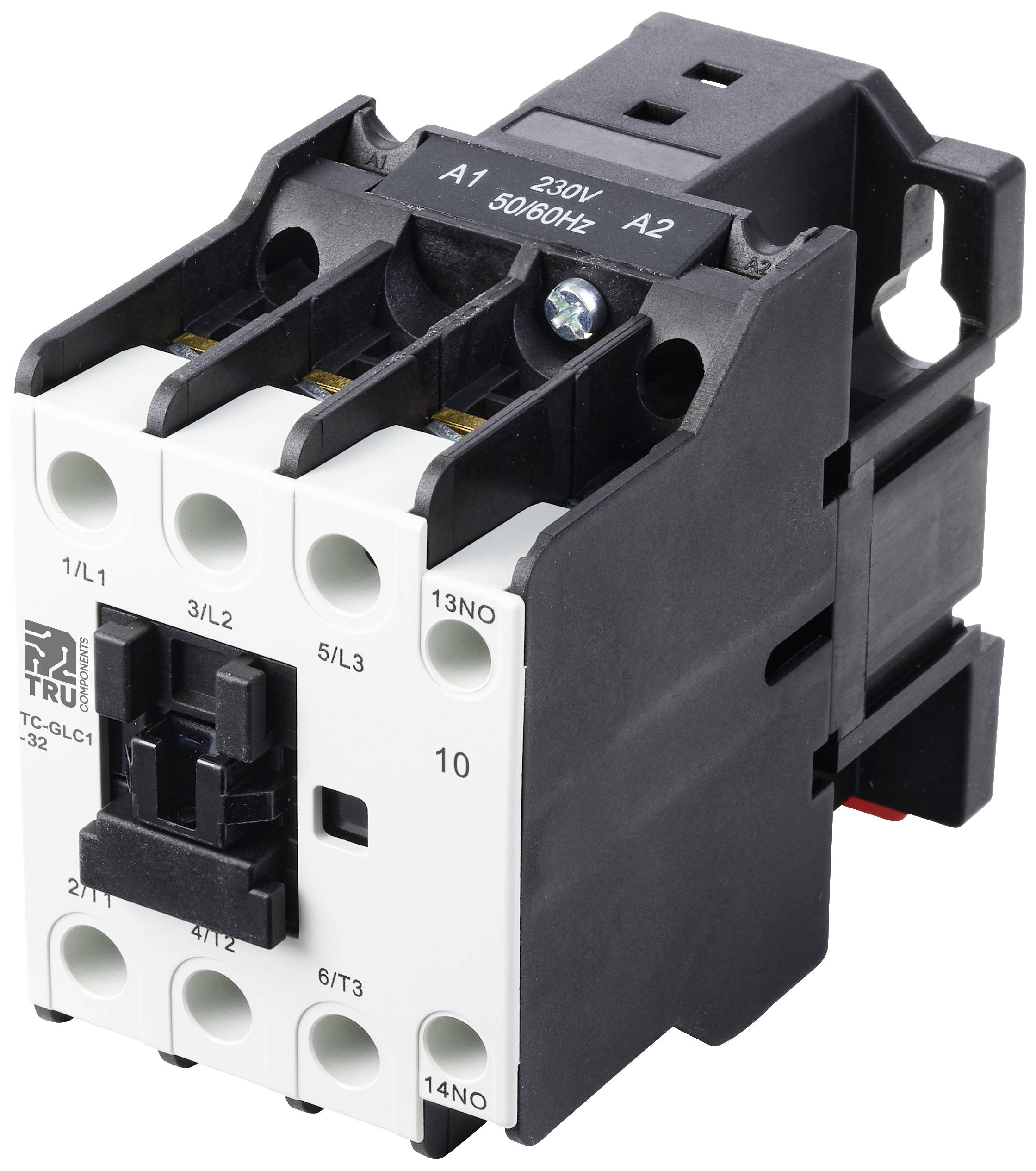 Ein elektrischer Leistungsschalter mit schwarzem und weißem Gehäuse, geeignet für 250V und 50/60Hz, zeigt die Anschlüsse deutlich.
