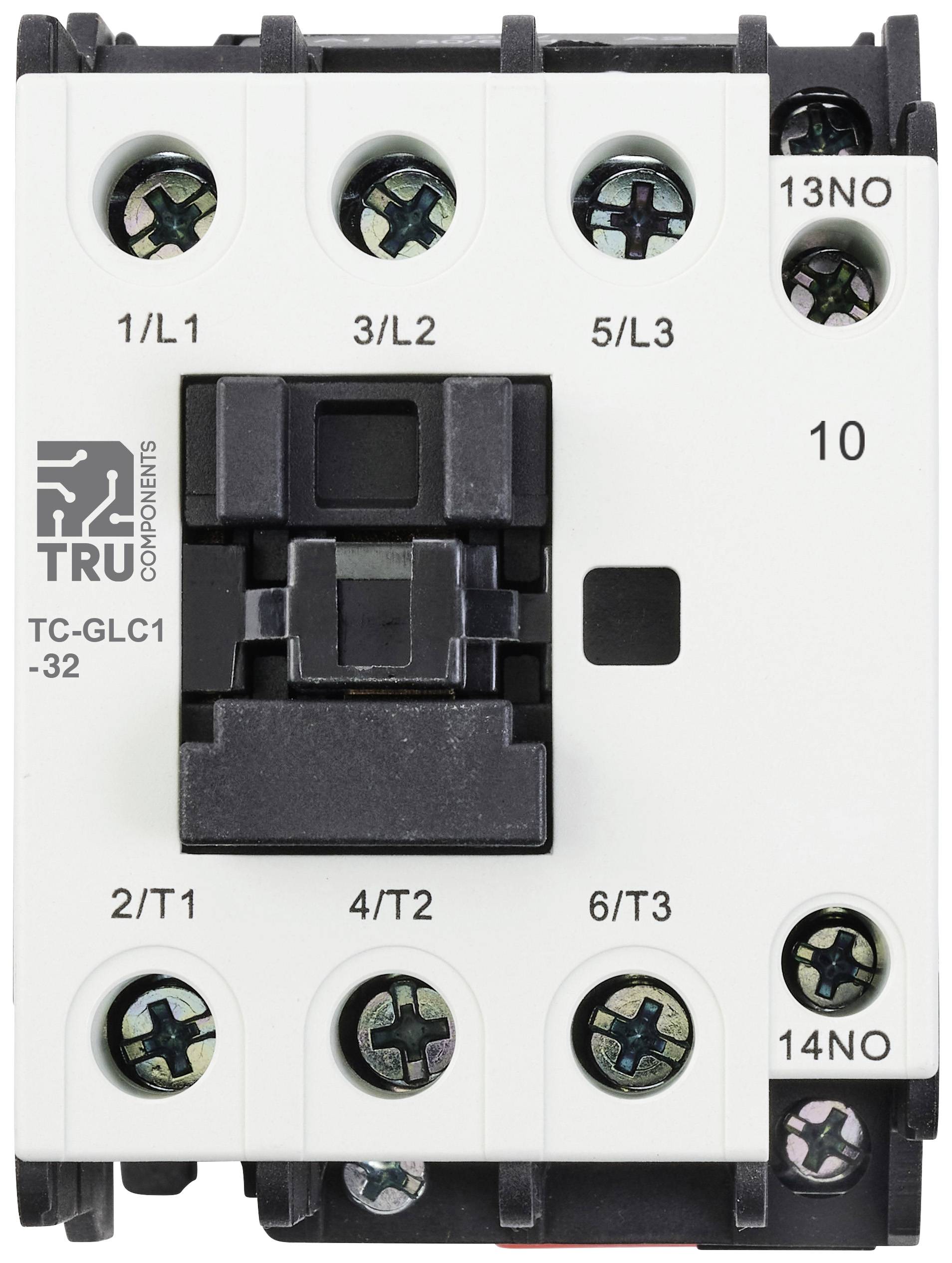 Ein elektrischer Schütz mit sechs Schraubanschlüssen und Beschriftungen wie '1/L1', '3/L2', '5/L3' auf der oberen Reihe und '2/T1', '4/T2', '6/T3' unten.