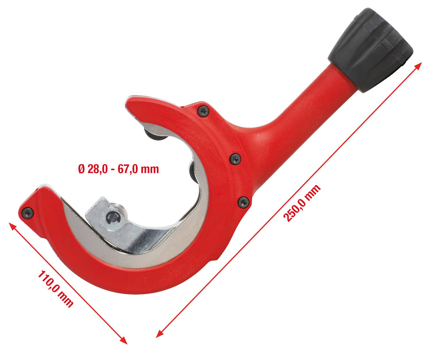 Rotes Rohrschneidewerkzeug mit schwarzem Griff. Markierungen zeigen Maße: 28,0-67,0 mm Durchmesser und 110,0-253,0 mm Länge.