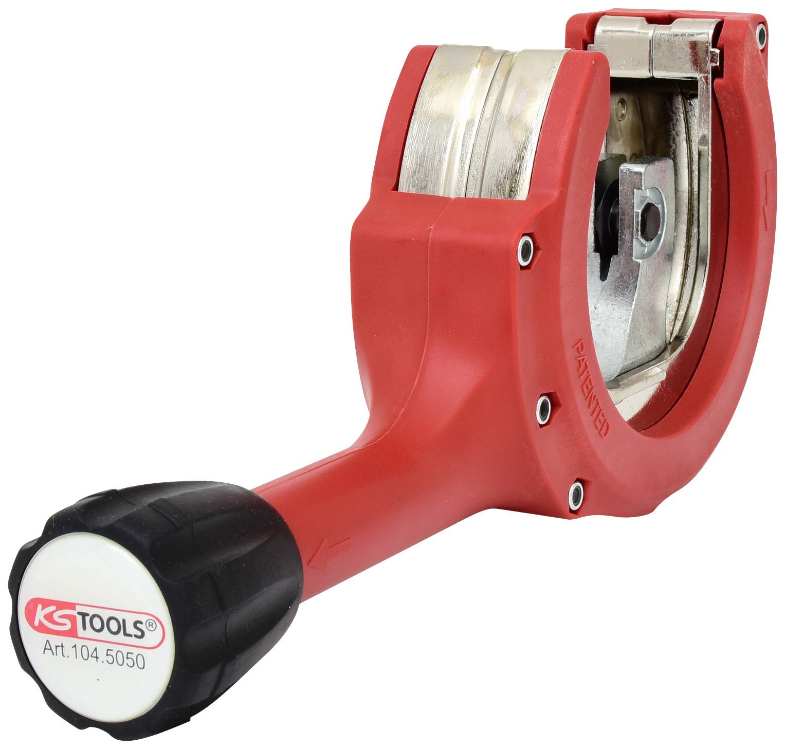 Rotes Rohrschneidewerkzeug mit schwarzem Griff, geeignet zum Durchtrennen von Metallrohren; Markierung 'KS TOOLS' und Artikelnummer.