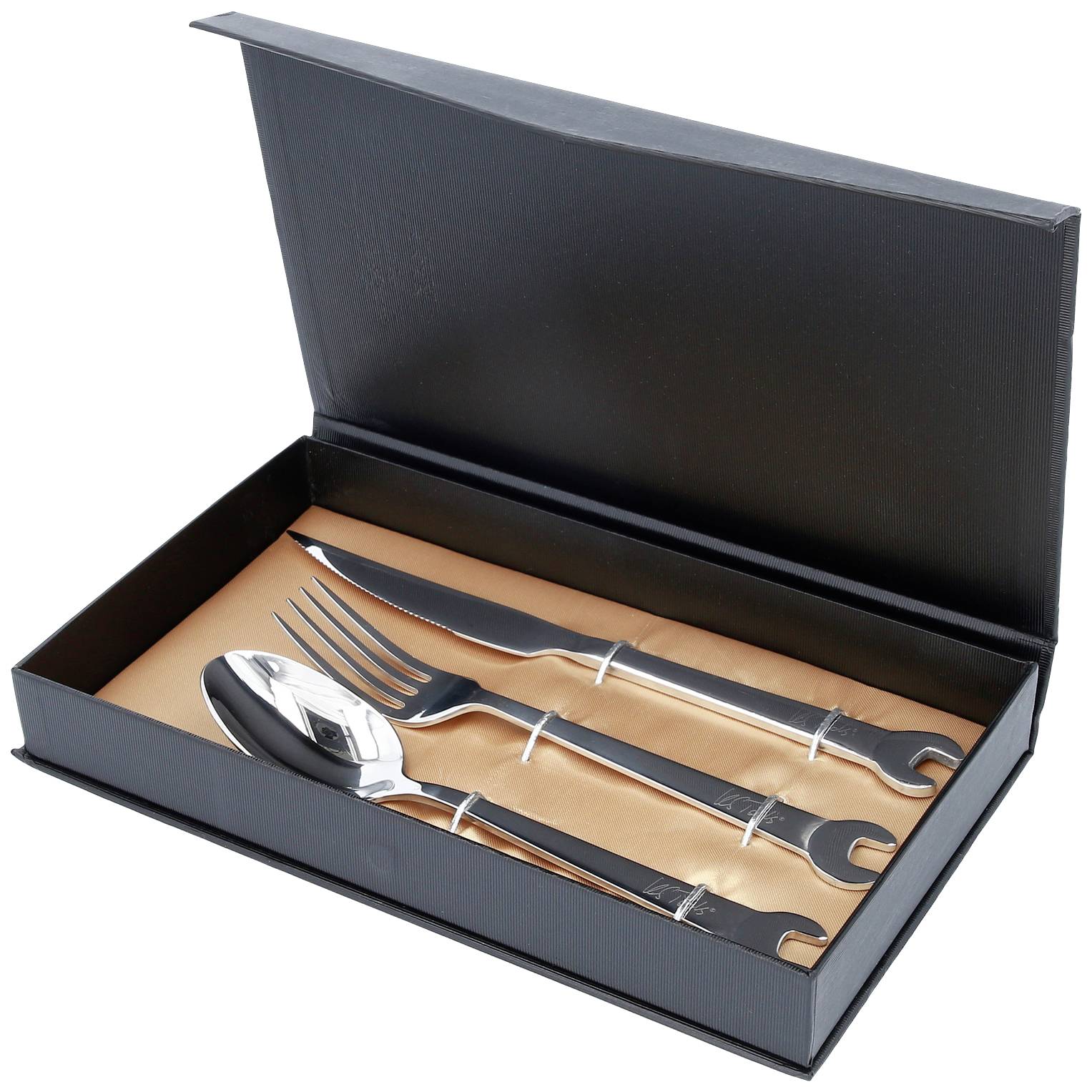 Besteckset in schwarzer, offener Geschenkbox, enthält Gabel, Messer und Löffel mit einzigartigem Schraubenschlüssel-Design.
