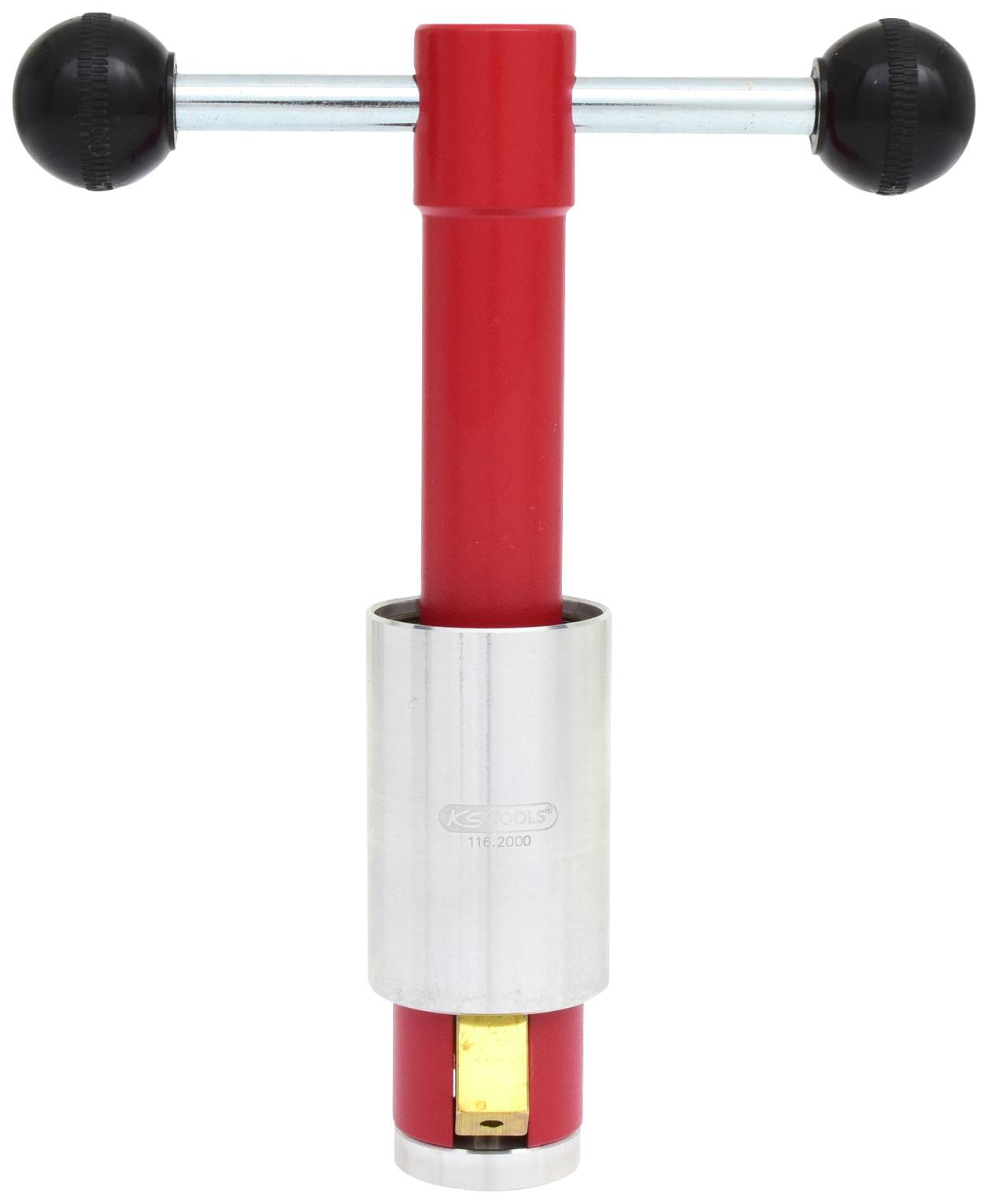 Rotes Werkzeug zum Entfernen eines Fahrradinnenlagers mit silbernem Mittelteil. Ideal für Wartungsarbeiten an Fahrrädern.