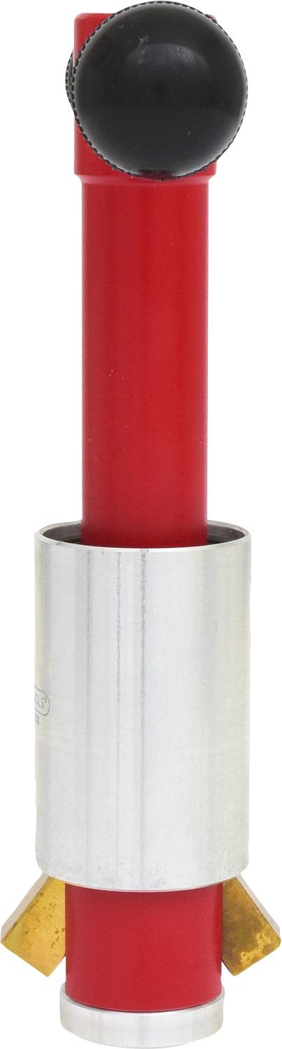 Ein rot-silbernes Werkzeug mit schwarzem Drehknopf, möglicherweise ein Rundschneider.