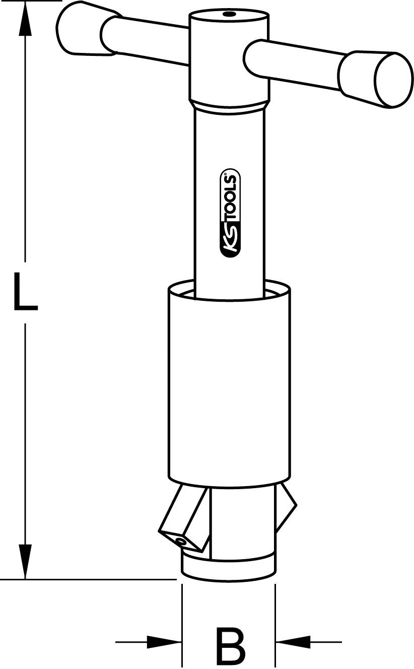 Illustration eines Werkzeuges mit der Aufschrift 'KS Tools'. Es hat einen T-förmigen Griff und Basis. Maße L und B sind markiert.