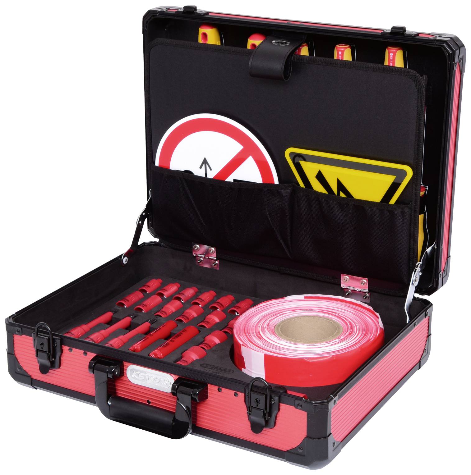 Ein roter Koffer mit geöffnetem Deckel zeigt verschiedene Sicherheitswerkzeuge und Warnschilder. Im Inneren sind Schraubendreher und ein Warnband sichtbar.