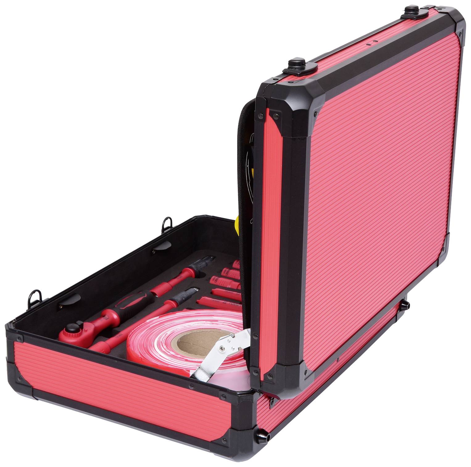 Ein offener roter Werkzeugkoffer mit verschiedenen Werkzeugen und Zubehör, bereit zur Verwendung.