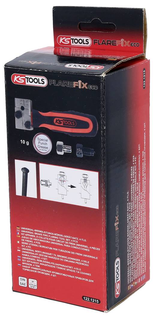 Verpackung einer KS Tools Flare-Fix Eco. Enthält Abbildungen und technische Zeichnungen von Werkzeugteilen, Beschreibung in mehreren Sprachen.