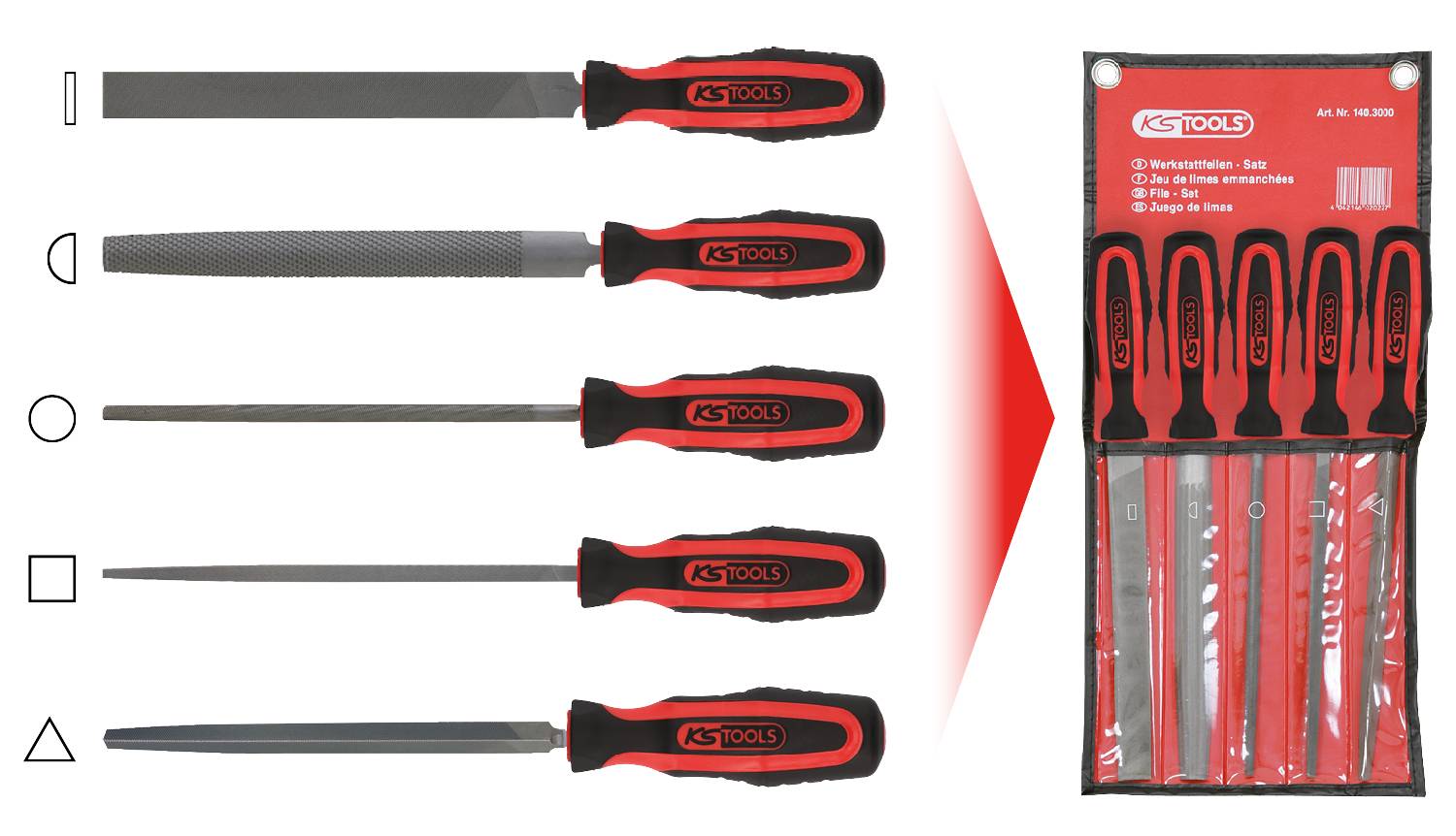 Set aus fünf Feilen mit unterschiedlichen Formen: halbrund, rund, quadratisch, flach, dreieckig. Gelieferte Werkzeugtasche rechts.