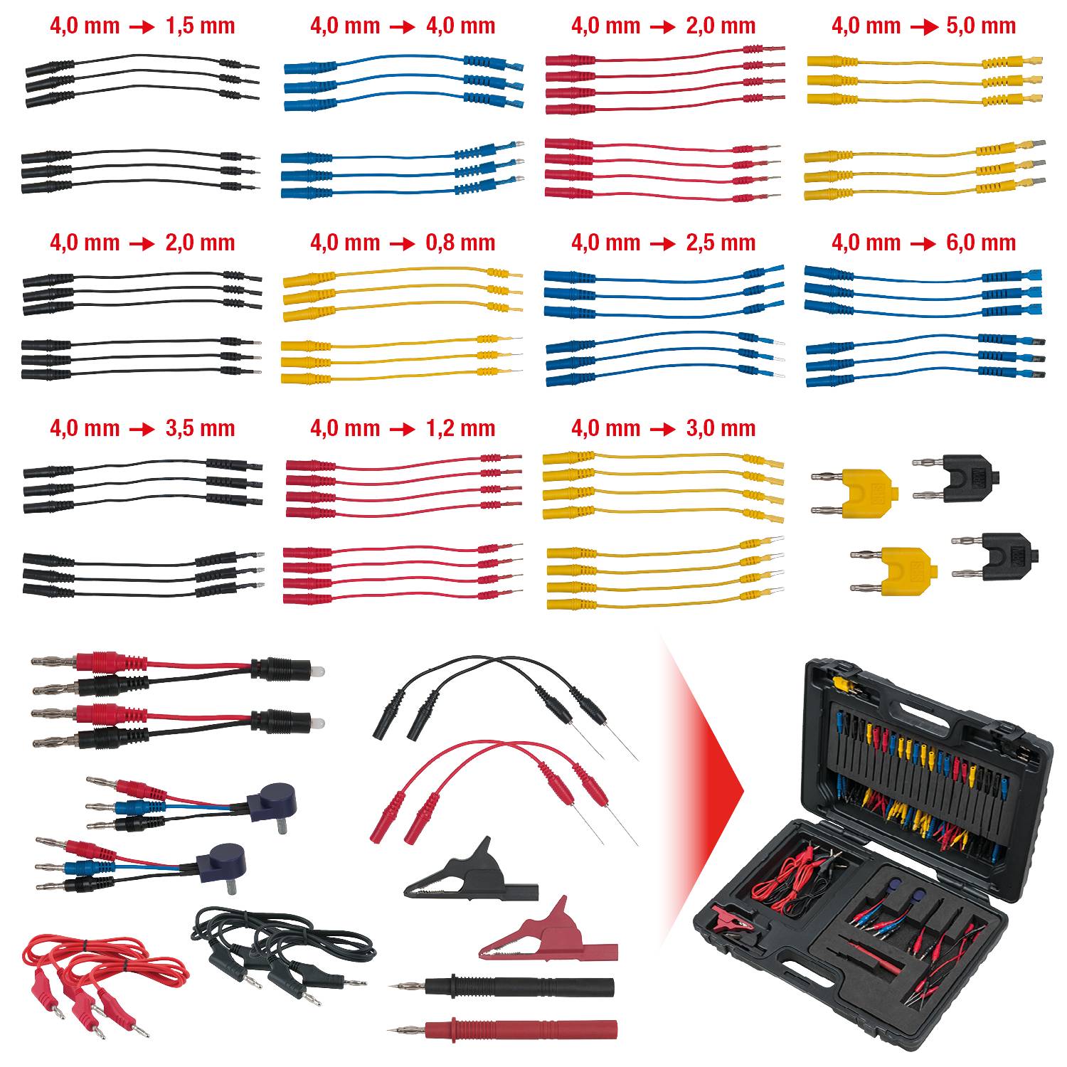 Kabelset in verschiedenen Farben und Größen mit Adaptersteckern und Koffer. Ideal für Elektronikarbeiten und Messungen.