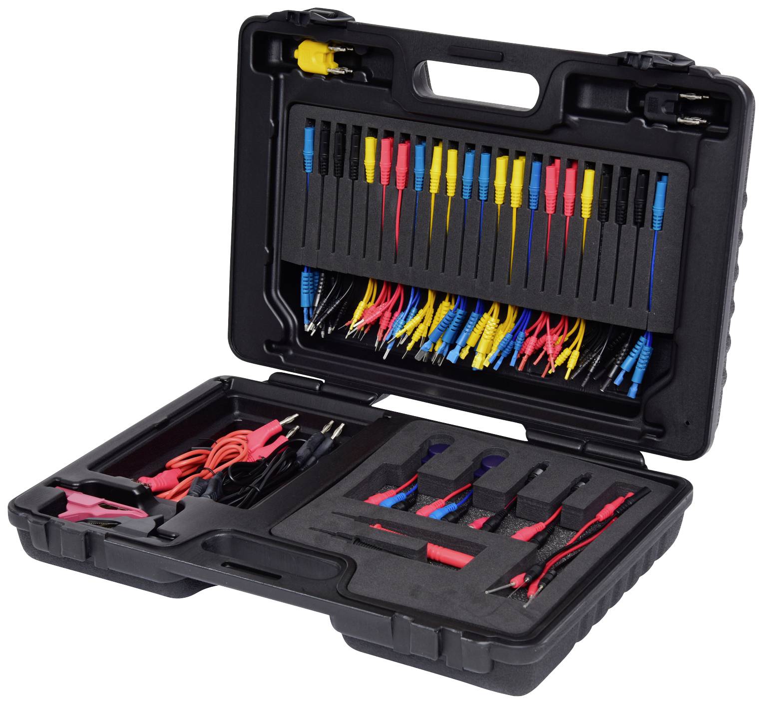 Ein offener Koffer mit verschiedenen Messleitungen und Klemmen in Blau, Rot, Gelb und Schwarz. Ideal für elektrische Tests.